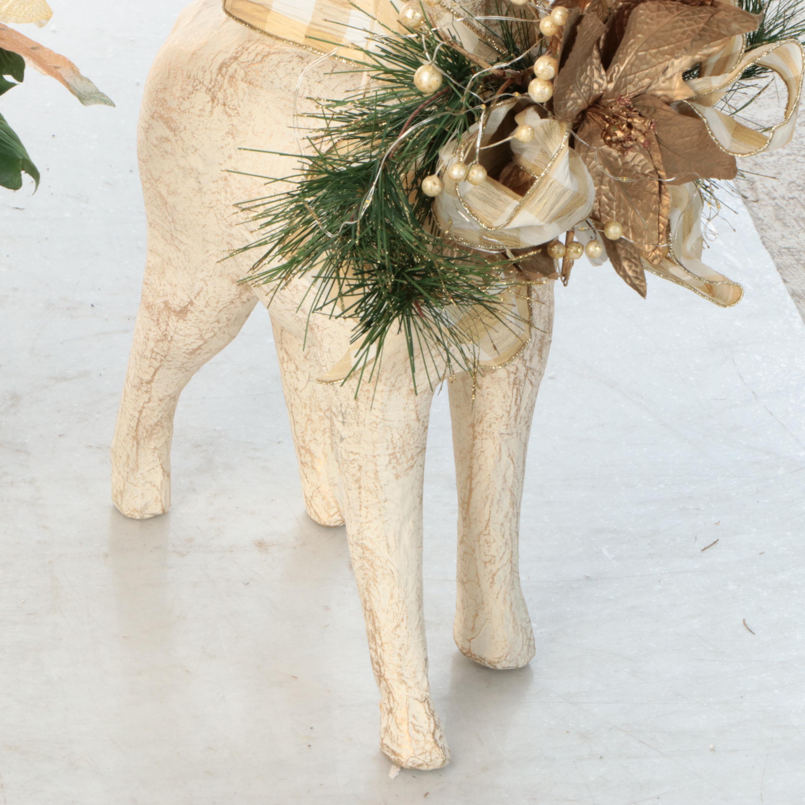 Farmhouse Aesthetic Christmas Reindeer with Ribbons and Floral Decor