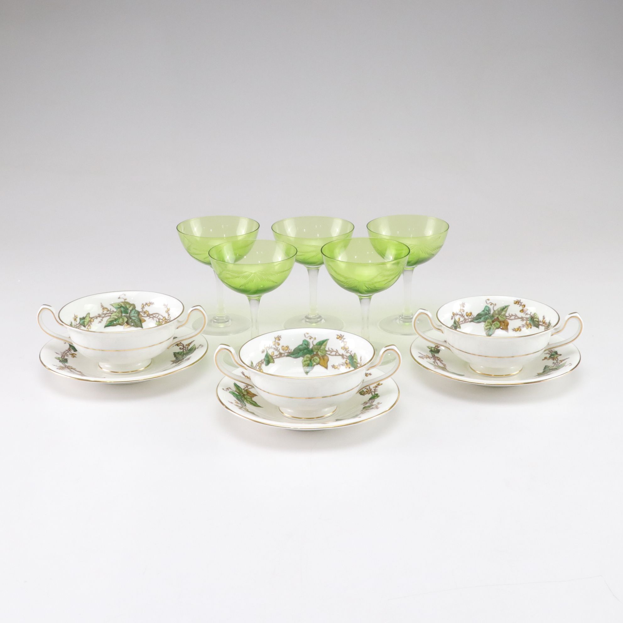 Minton "Lothian" Cream Soup Bowls with Art Deco Style Green Etched Glass Coupes