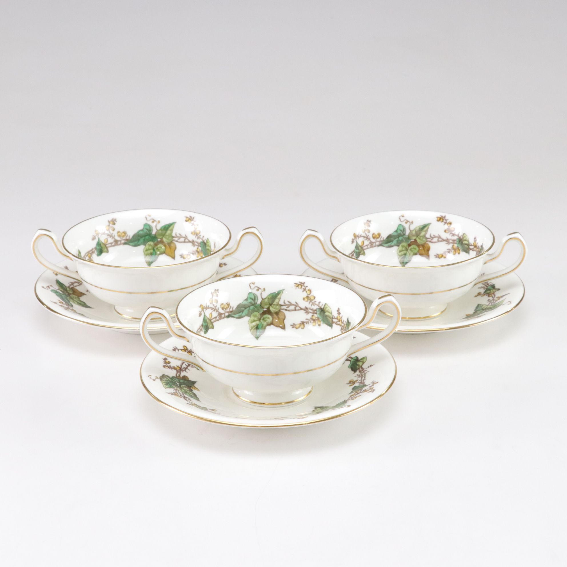 Minton "Lothian" Cream Soup Bowls with Art Deco Style Green Etched Glass Coupes