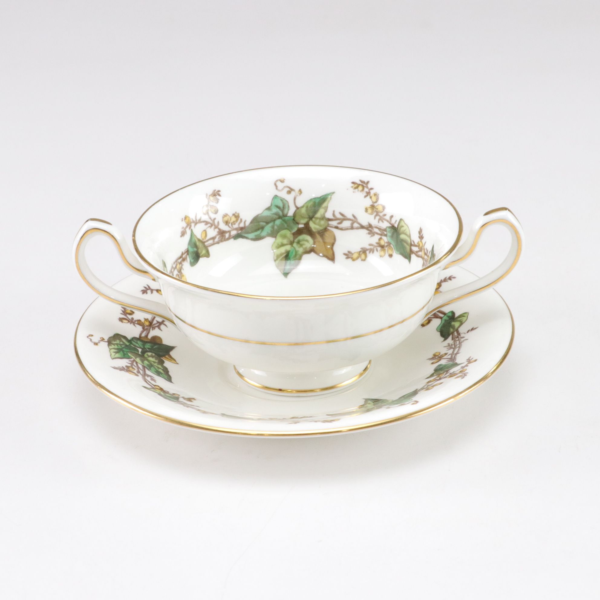 Minton "Lothian" Cream Soup Bowls with Art Deco Style Green Etched Glass Coupes