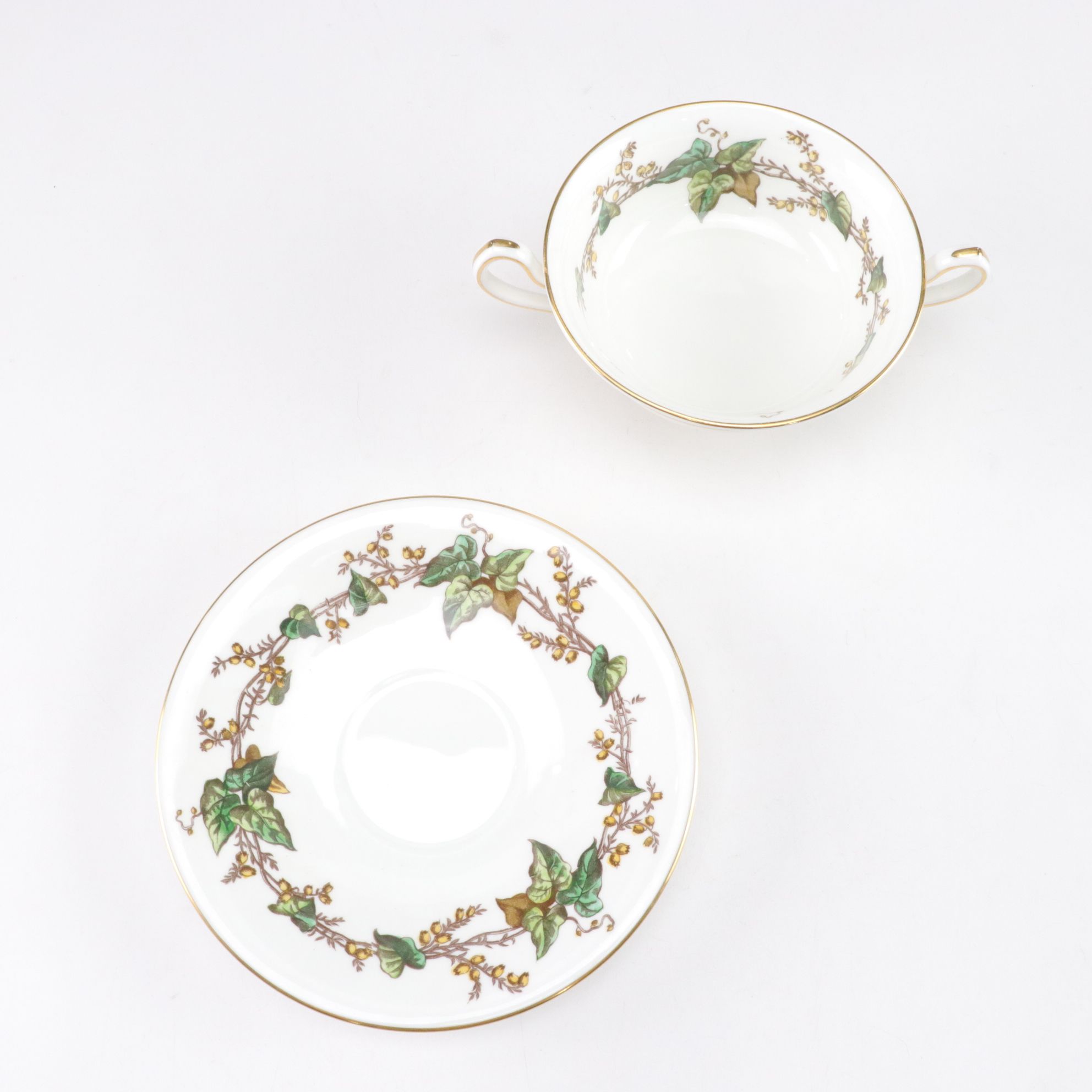 Minton "Lothian" Cream Soup Bowls with Art Deco Style Green Etched Glass Coupes