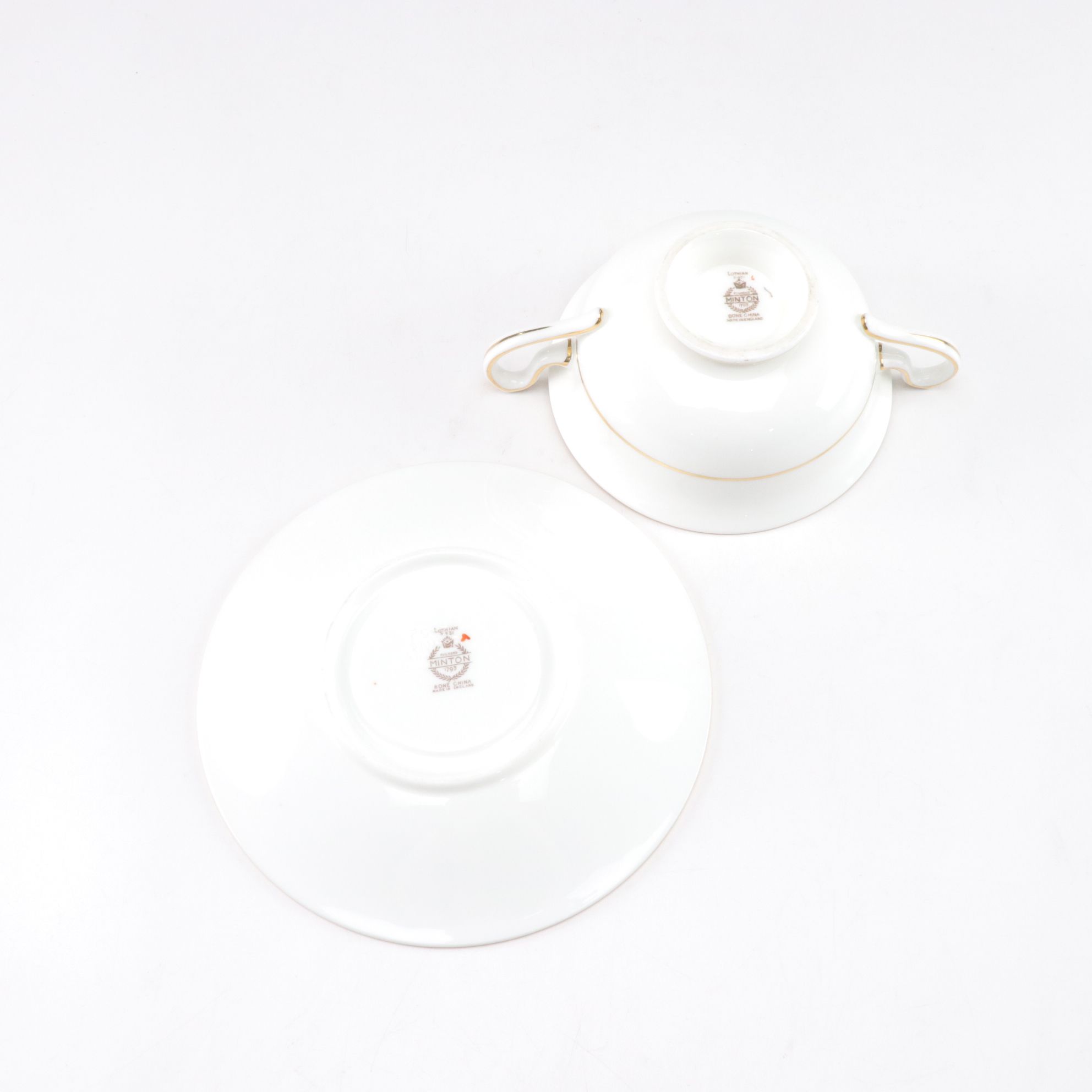 Minton "Lothian" Cream Soup Bowls with Art Deco Style Green Etched Glass Coupes