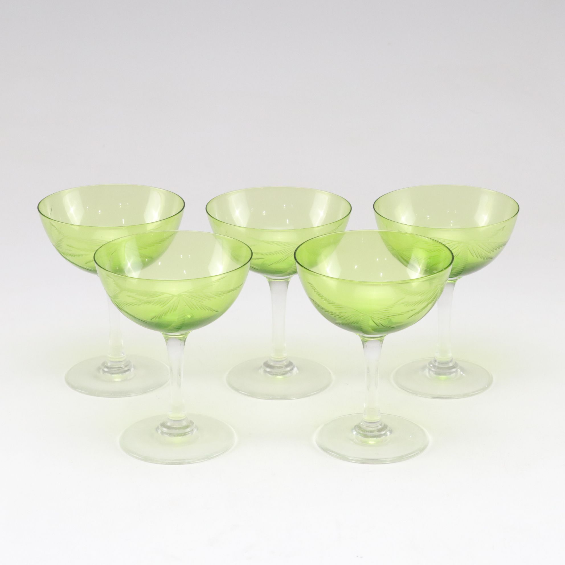 Minton "Lothian" Cream Soup Bowls with Art Deco Style Green Etched Glass Coupes