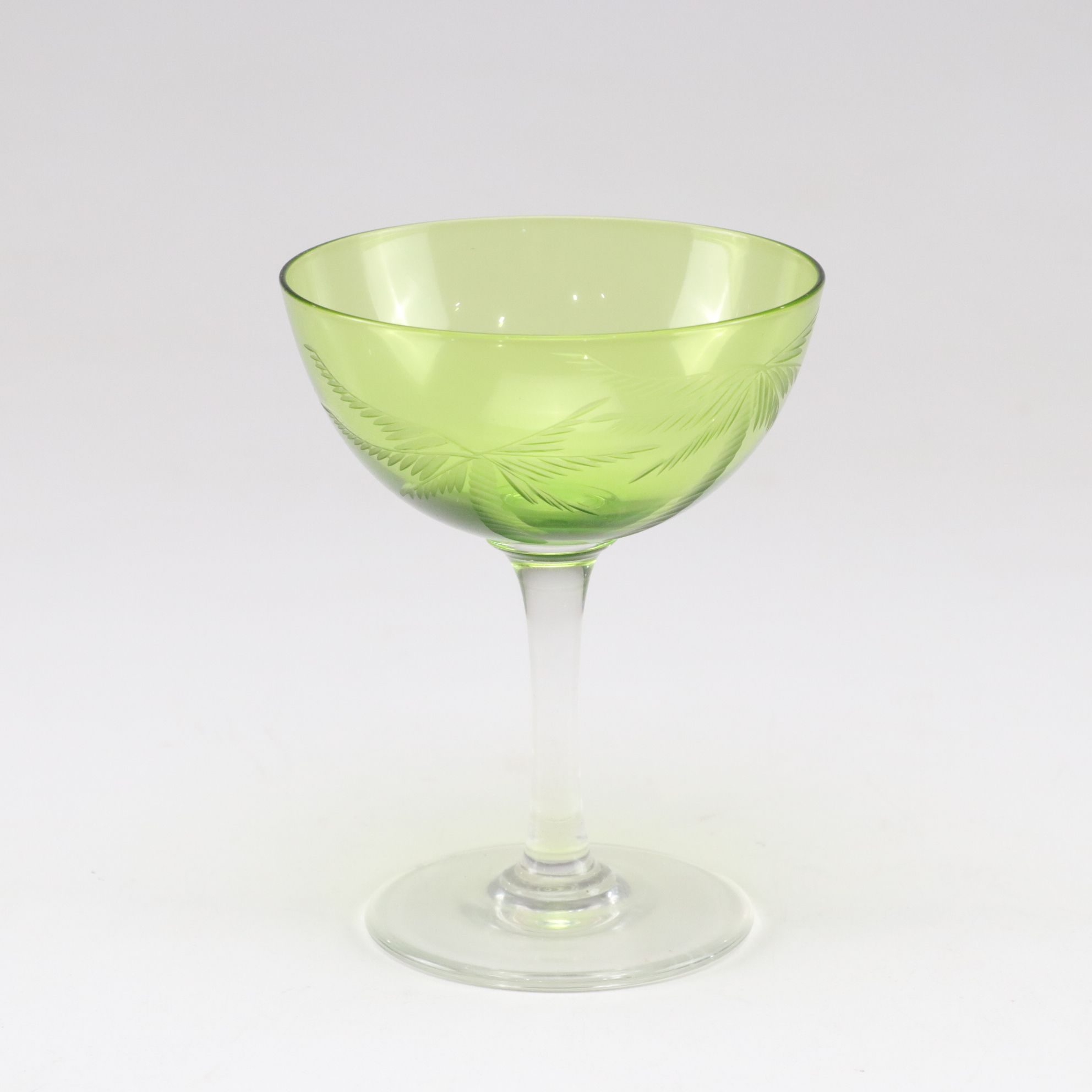 Minton "Lothian" Cream Soup Bowls with Art Deco Style Green Etched Glass Coupes