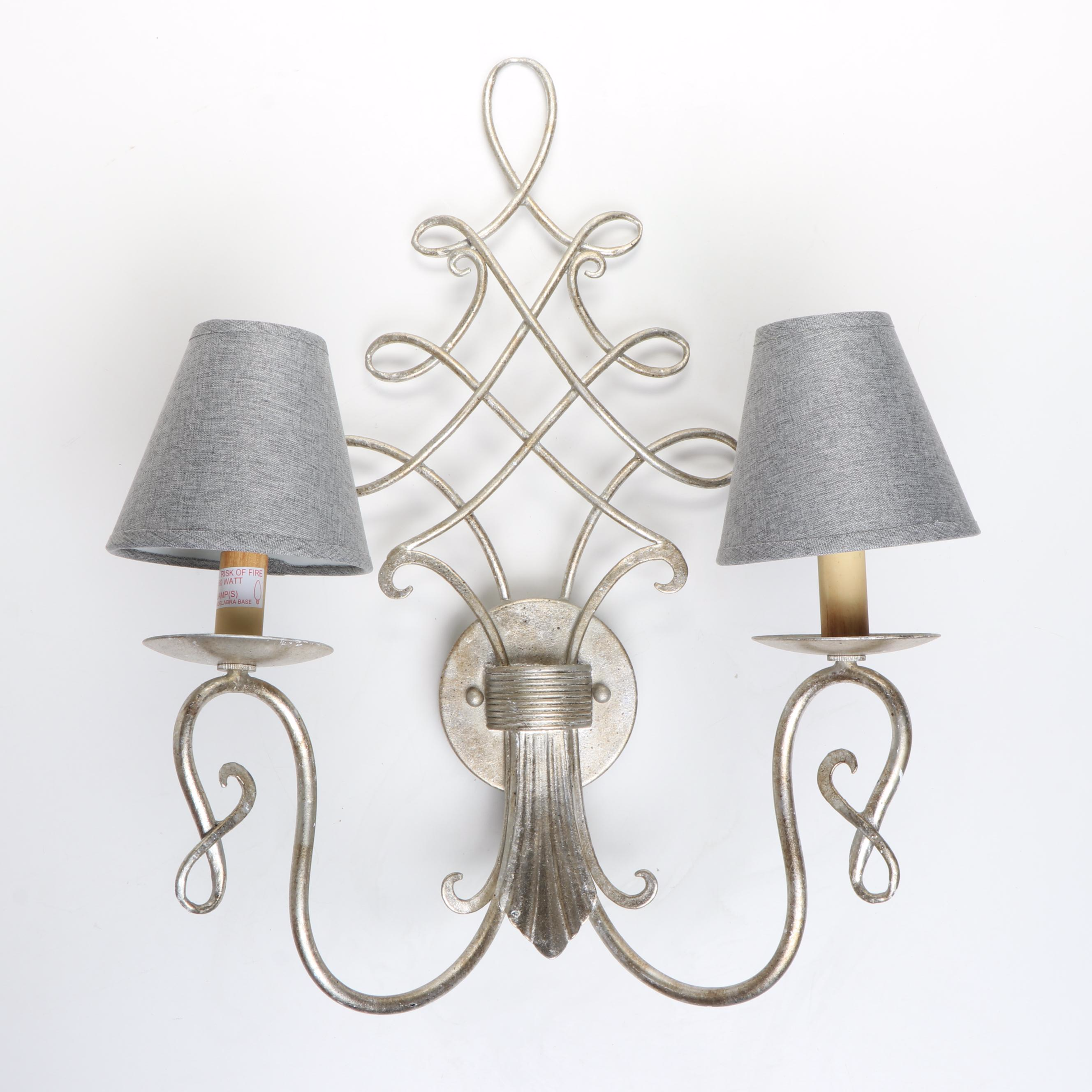 Pair of Silver Gilt Ornate Wall Candle Sconces with Grey Cotton Clip-on Shades