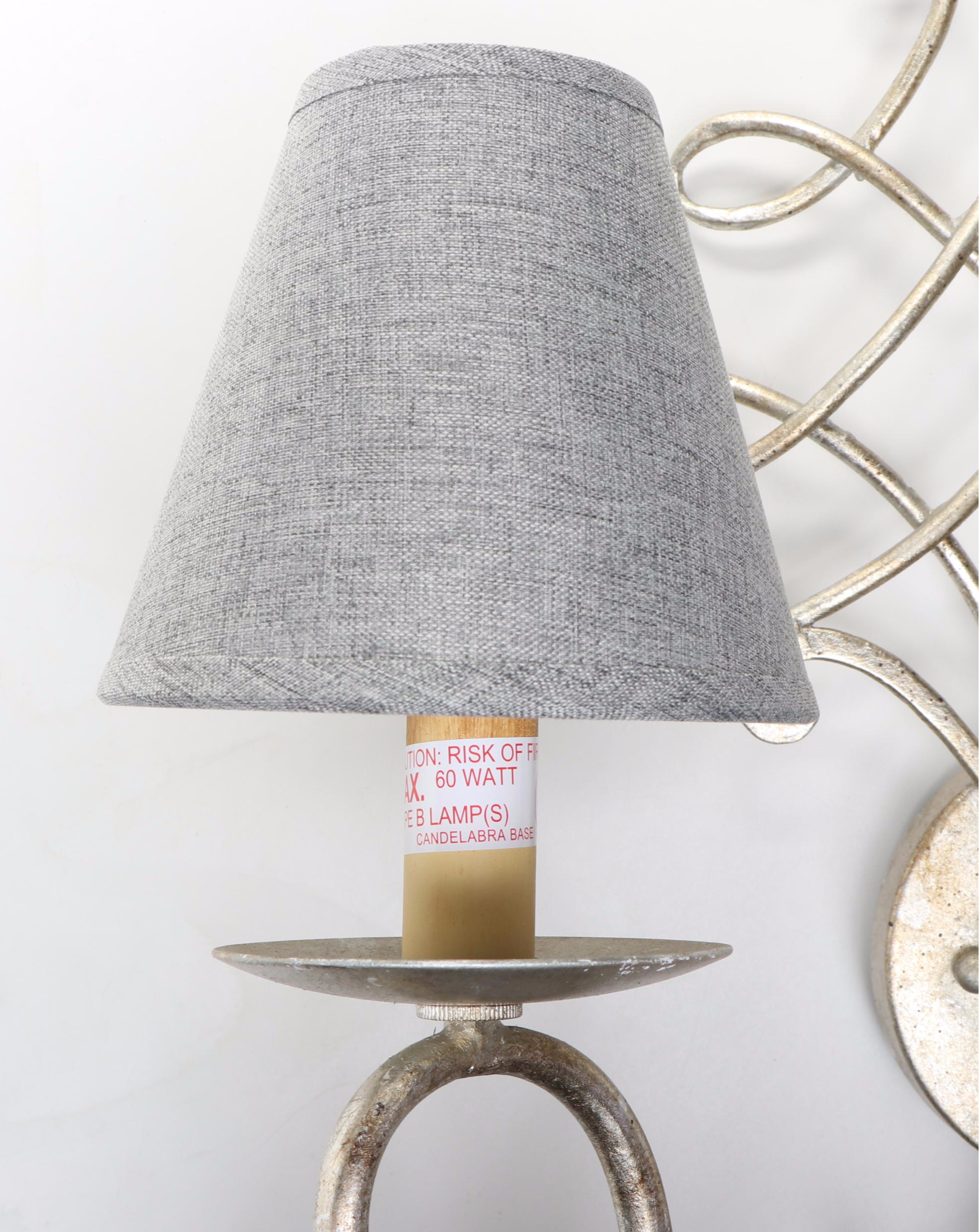 Pair of Silver Gilt Ornate Wall Candle Sconces with Grey Cotton Clip-on Shades