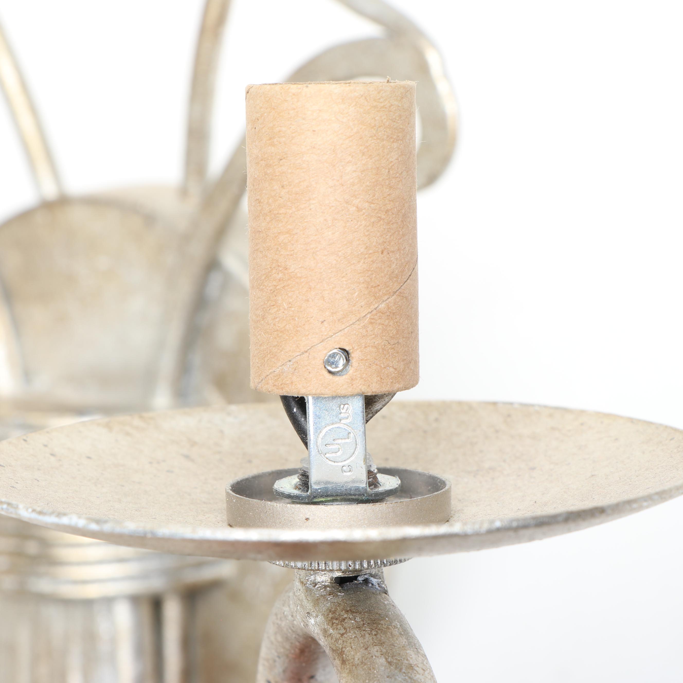 Pair of Silver Gilt Ornate Wall Candle Sconces with Grey Cotton Clip-on Shades