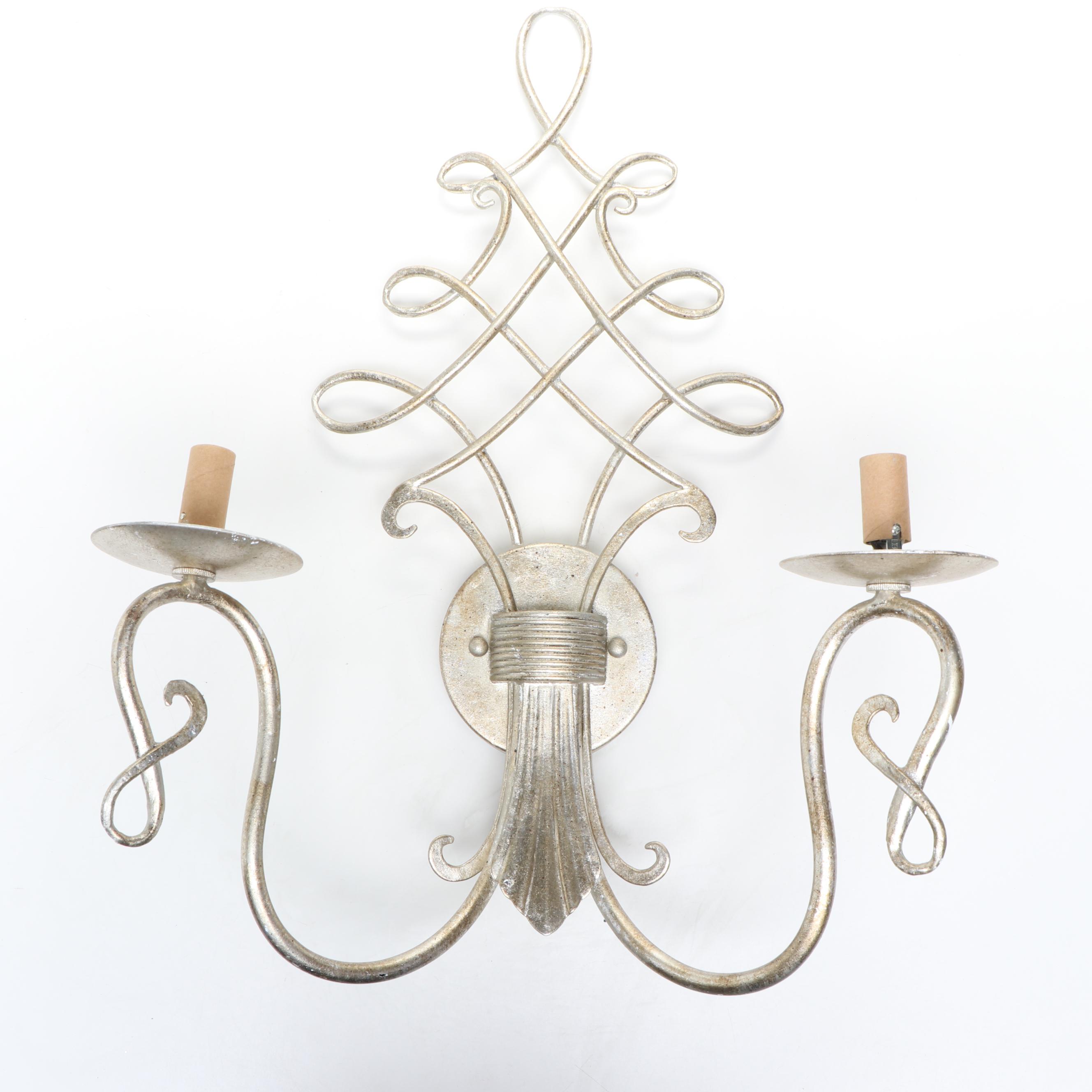 Pair of Silver Gilt Ornate Wall Candle Sconces with Grey Cotton Clip-on Shades