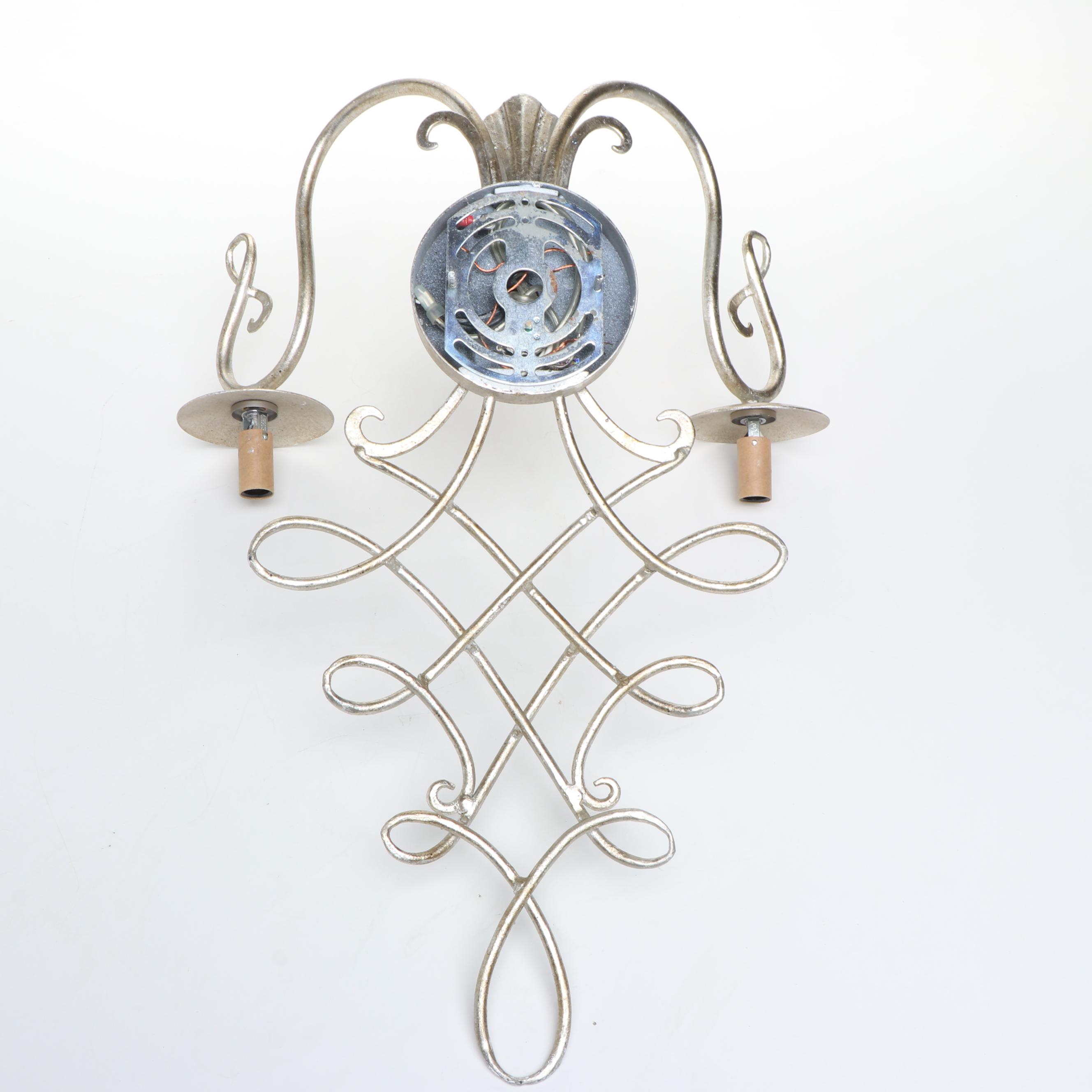 Pair of Silver Gilt Ornate Wall Candle Sconces with Grey Cotton Clip-on Shades