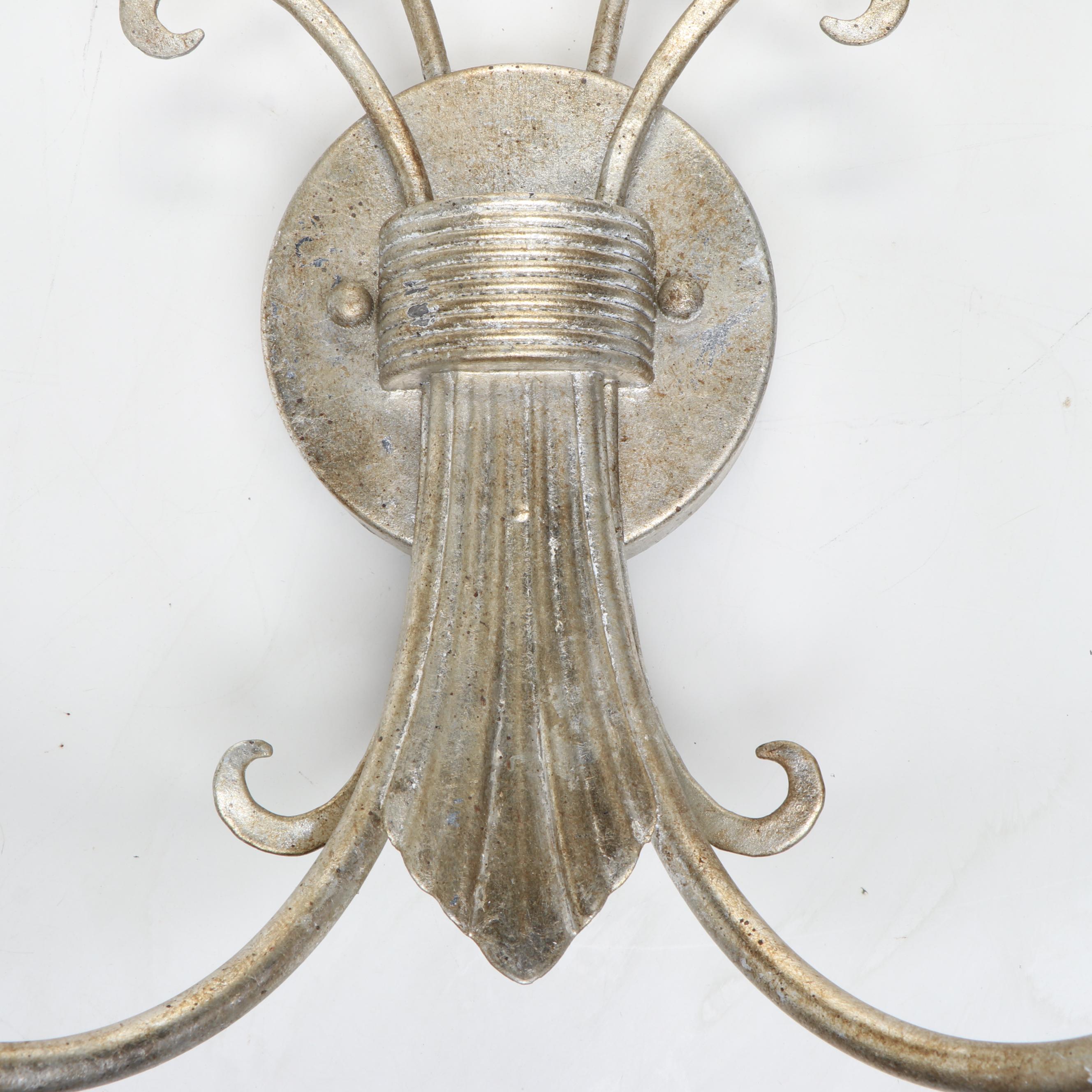 Pair of Silver Gilt Ornate Wall Candle Sconces with Grey Cotton Clip-on Shades