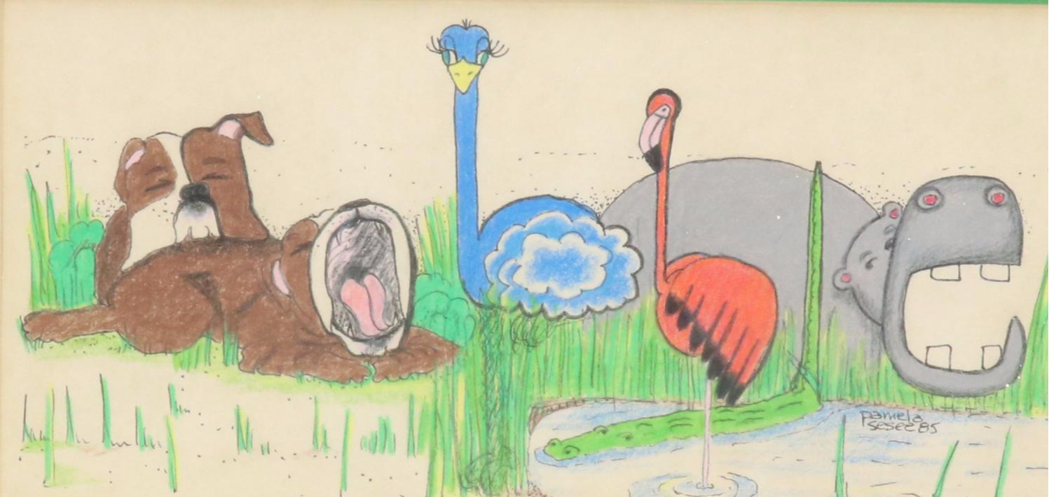 Pamela Sesee Colored Pencil and Ink Drawing of Sleepy Animals, 1985