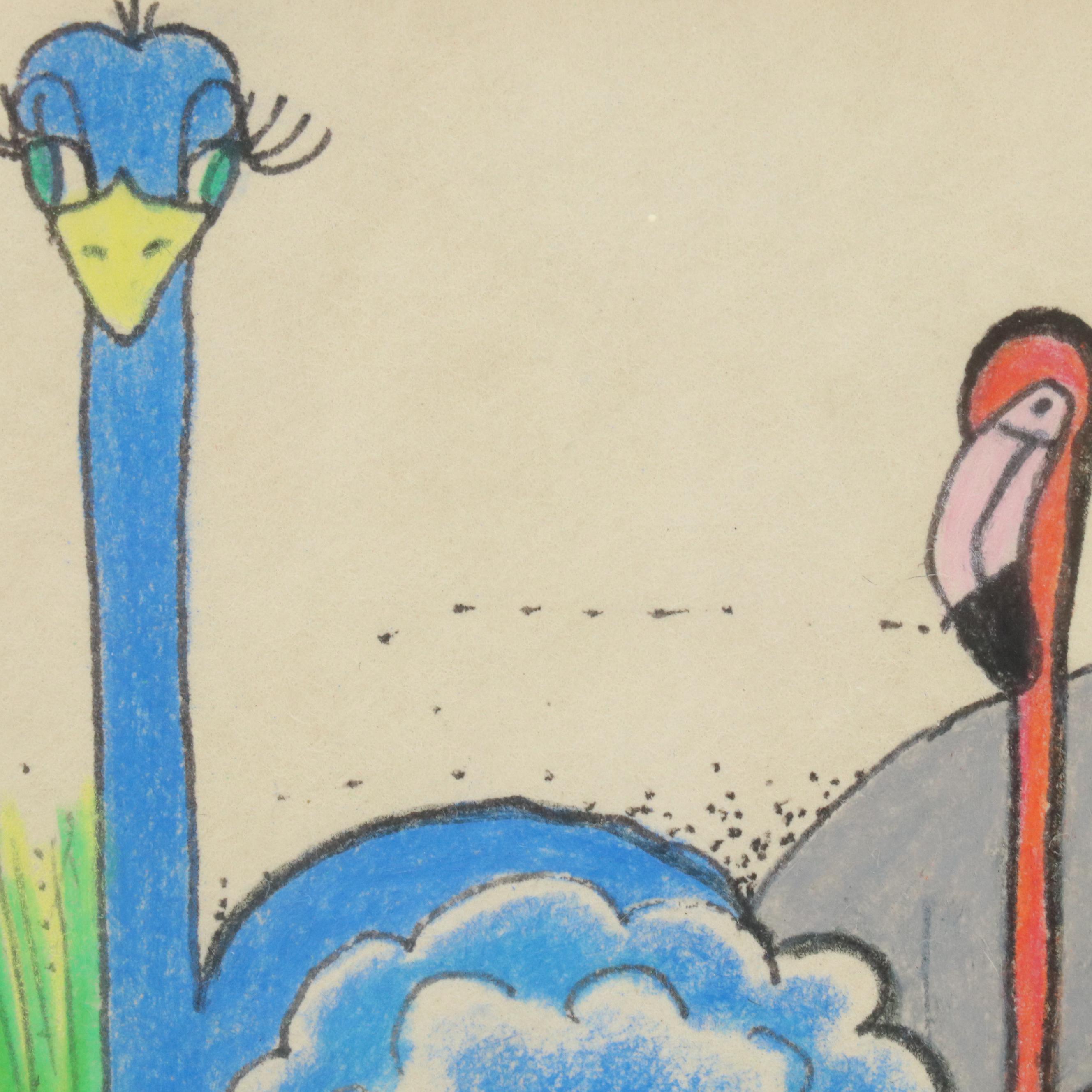 Pamela Sesee Colored Pencil and Ink Drawing of Sleepy Animals, 1985