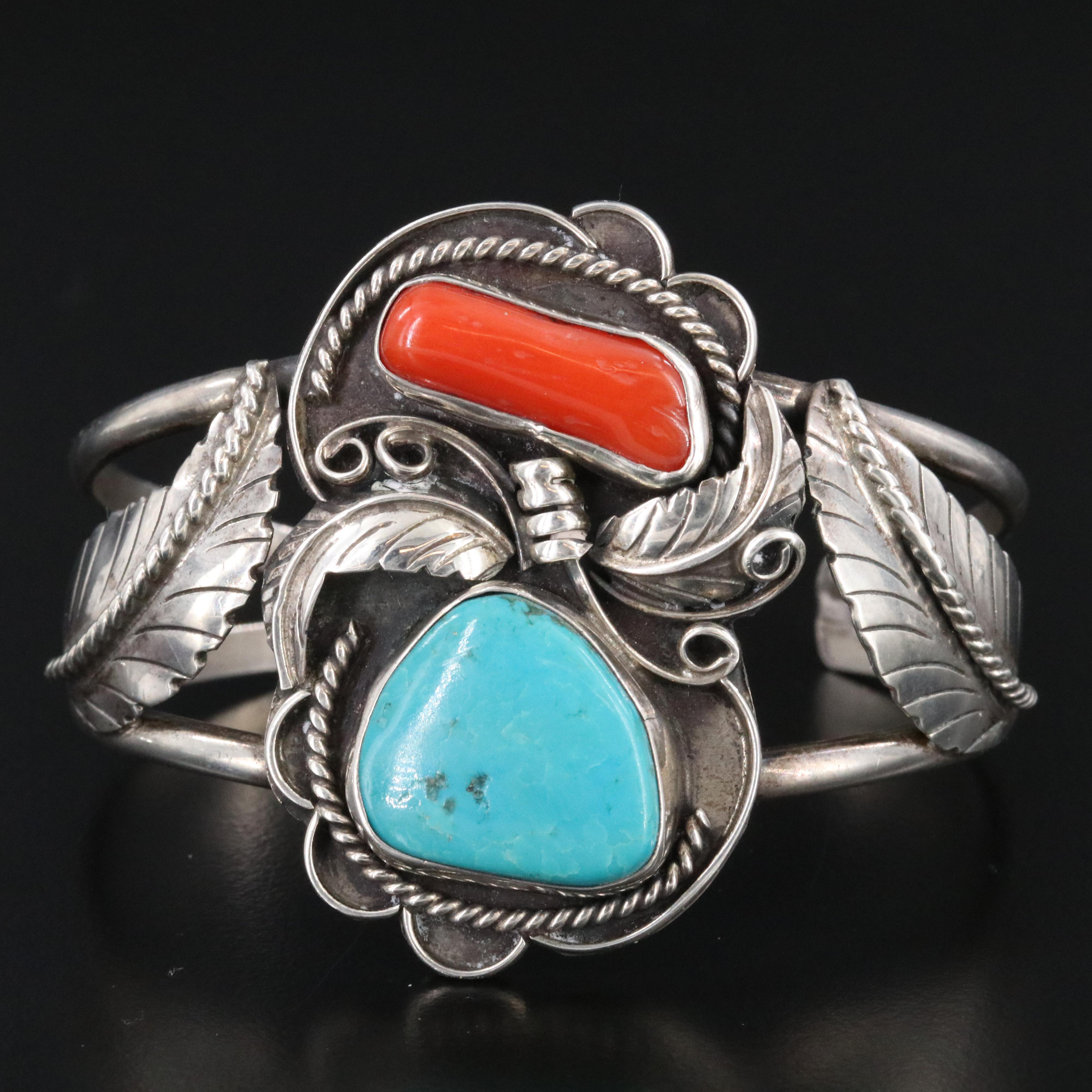 Southwestern Signed Sterling Turqoise and Coral Feather Appliqué Cuff Bracelet