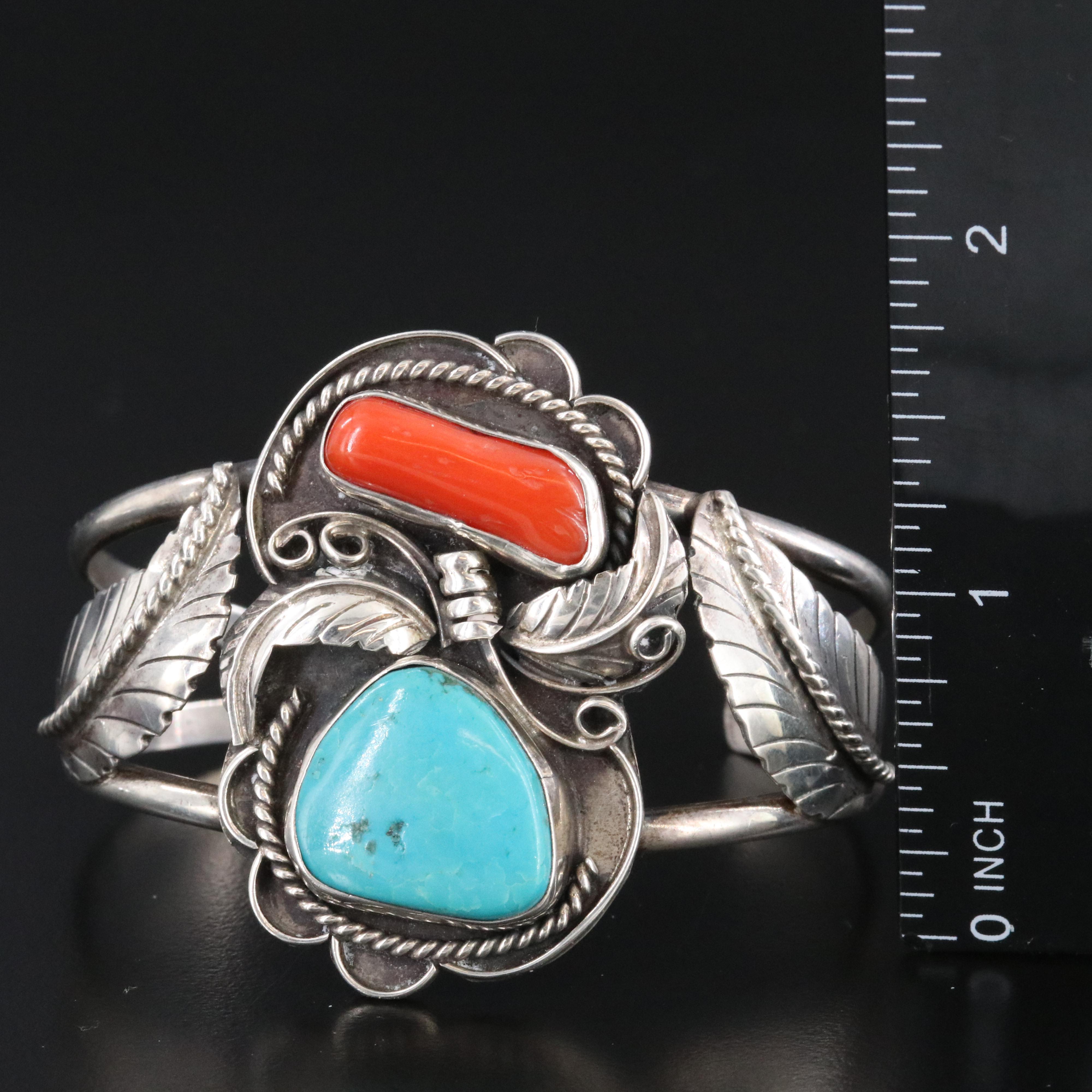 Southwestern Signed Sterling Turqoise and Coral Feather Appliqué Cuff Bracelet