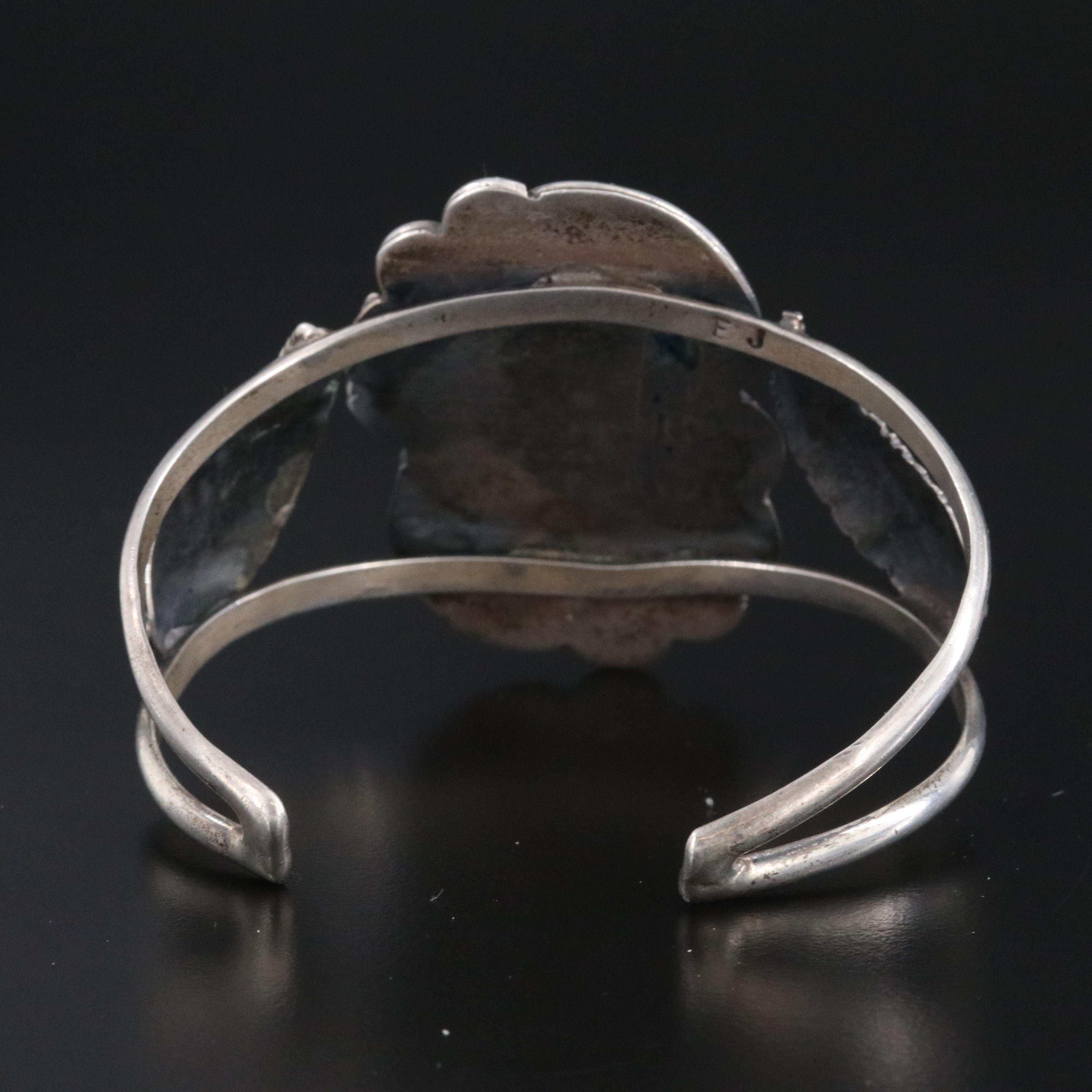 Southwestern Signed Sterling Turqoise and Coral Feather Appliqué Cuff Bracelet