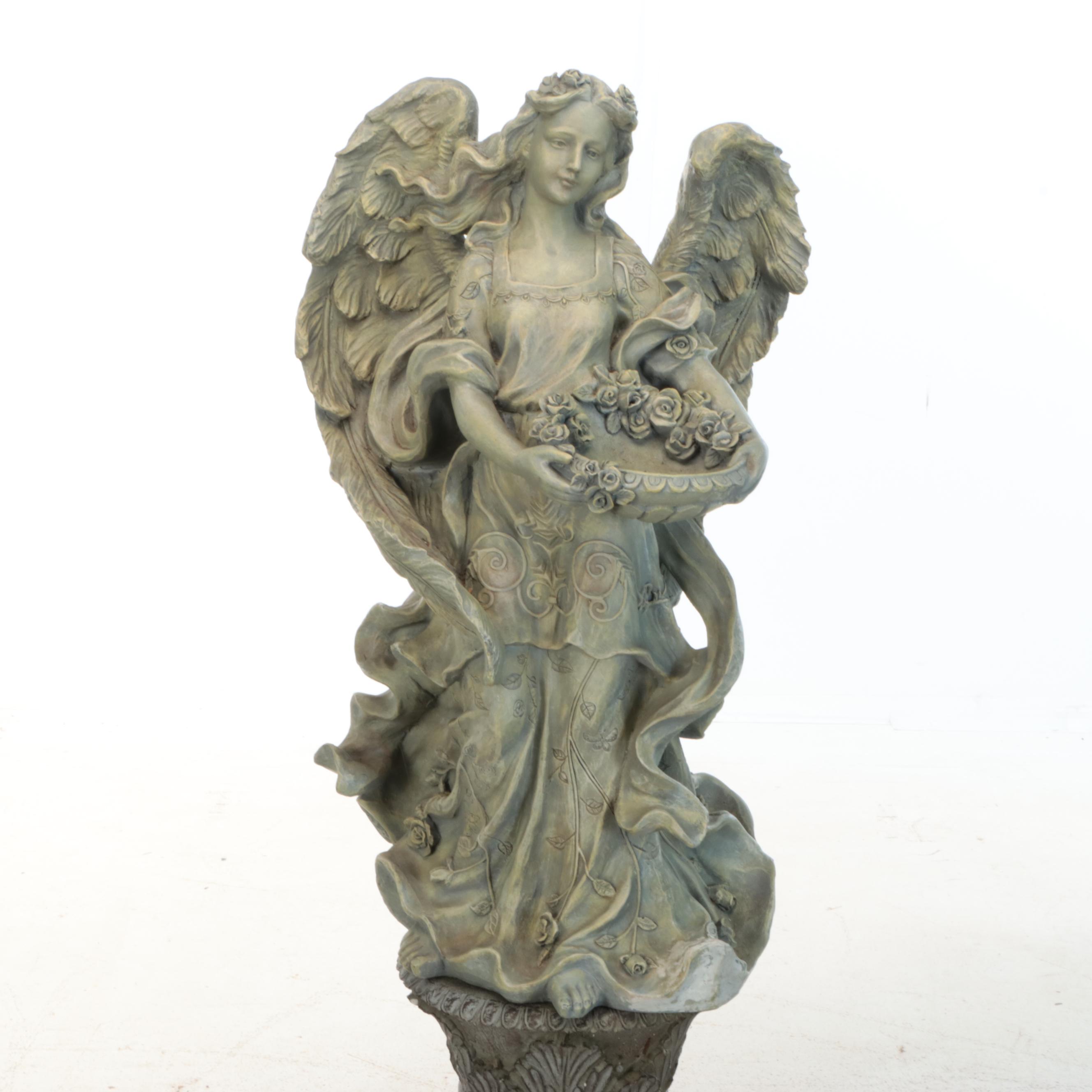 Figural Angel with Basket Bird Feeder on Columnar Plinth
