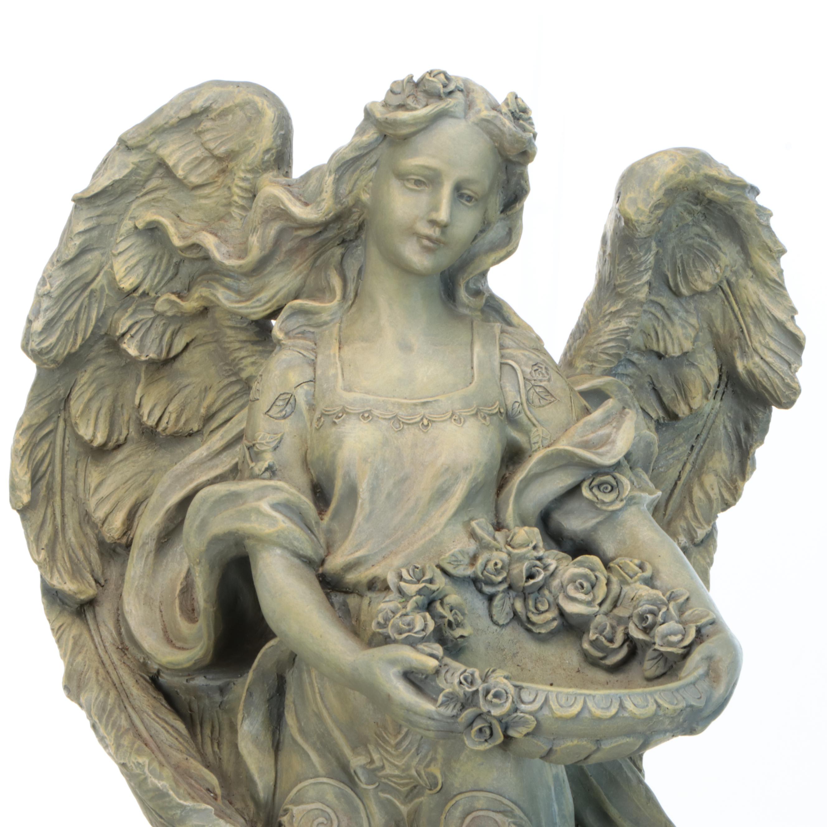 Figural Angel with Basket Bird Feeder on Columnar Plinth