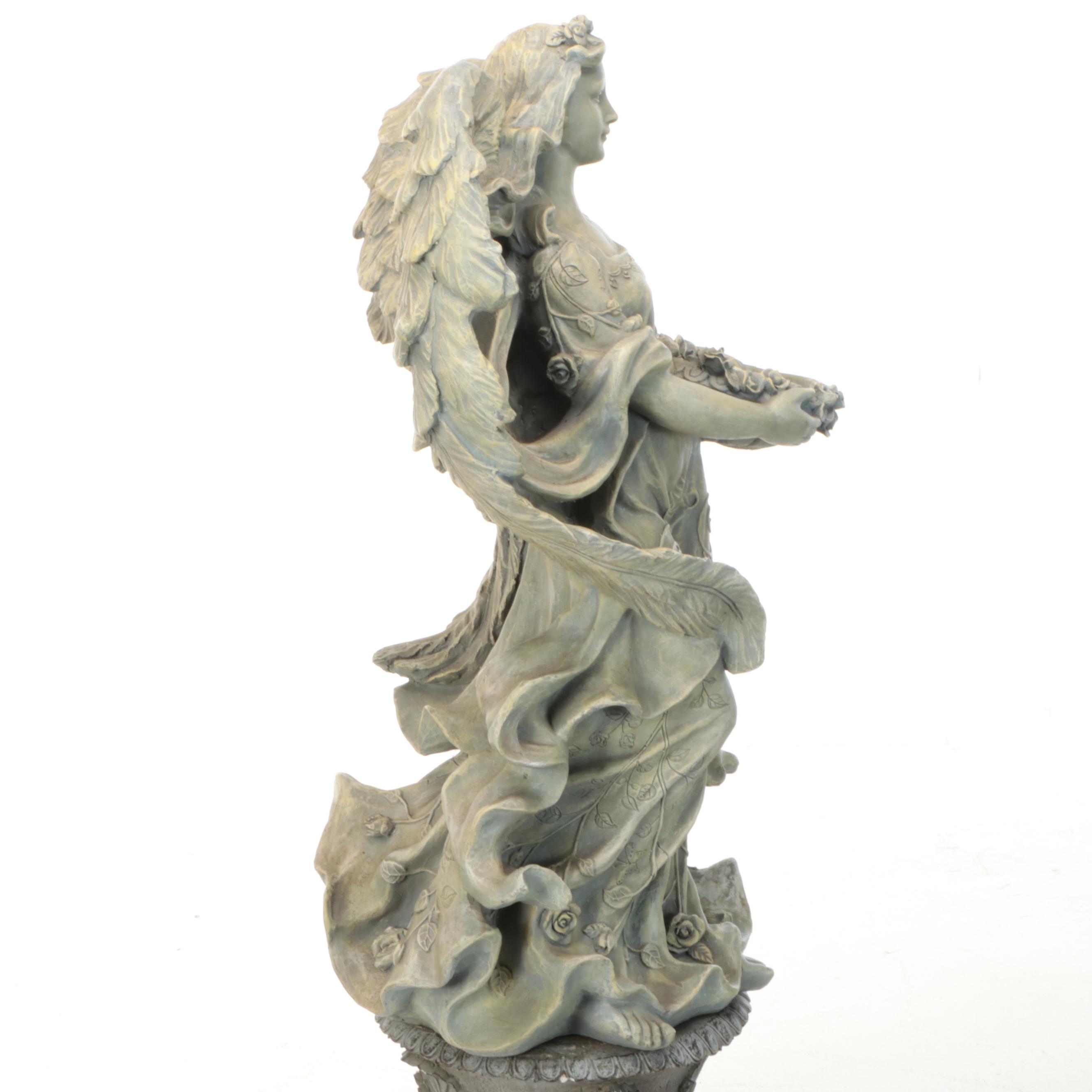 Figural Angel with Basket Bird Feeder on Columnar Plinth