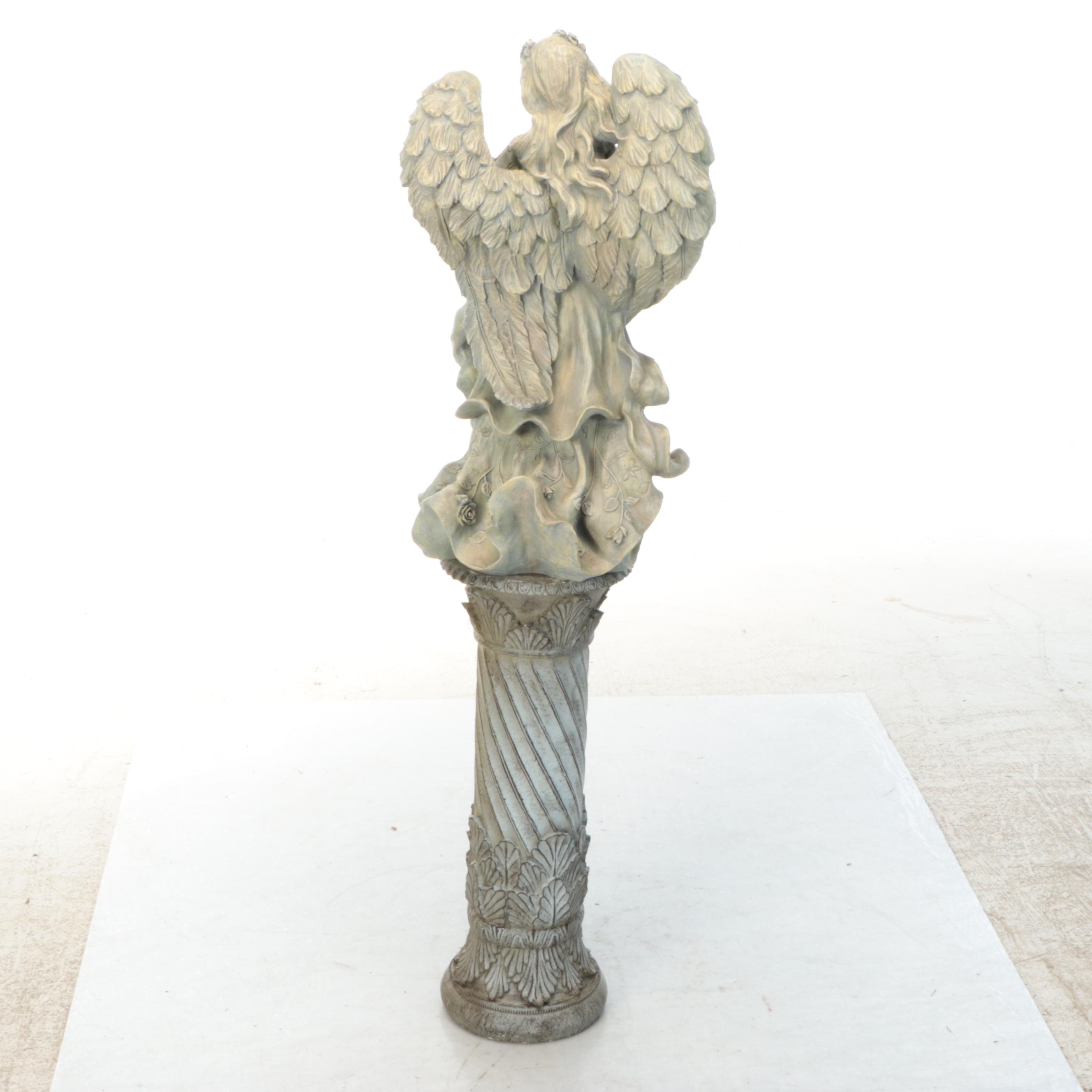 Figural Angel with Basket Bird Feeder on Columnar Plinth