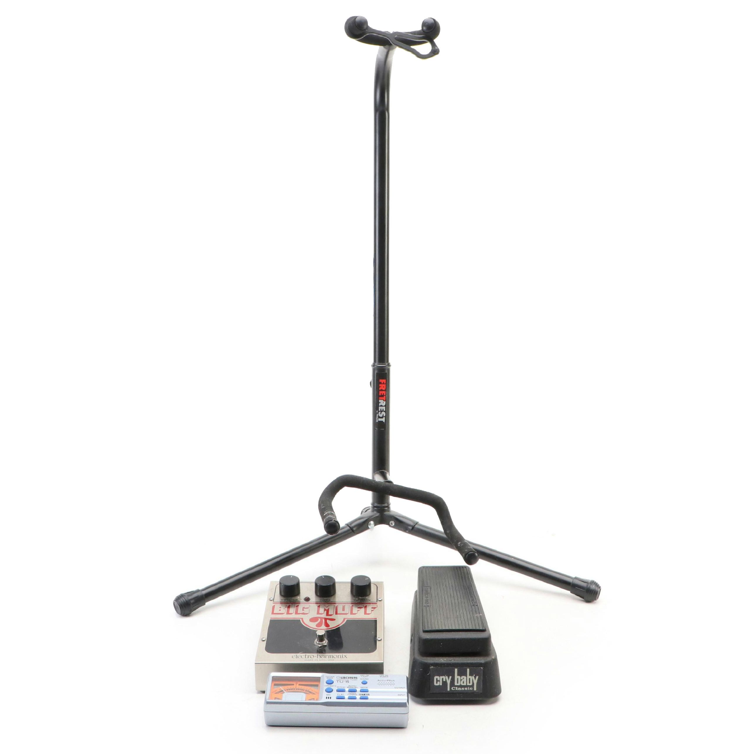 Guitar Stand with Cry-Baby Pedal, Big Muff Guitar Effects, Boss Chromatic Tuner