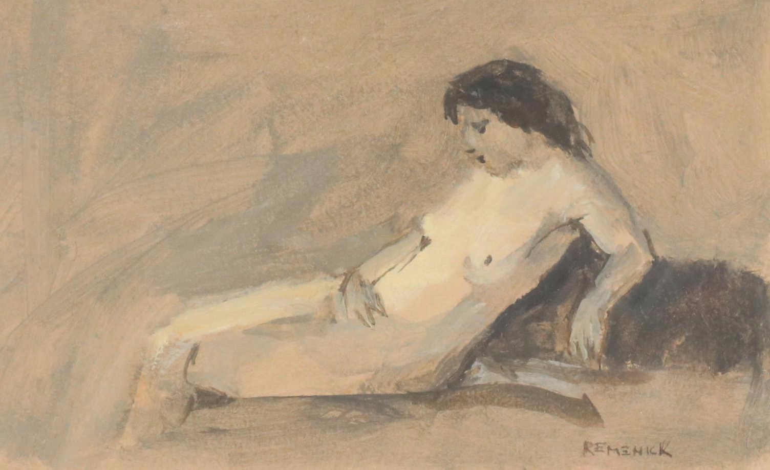 Seymour Remenick Figurative Ink and Gouache Sketch of Reclining Female Nude