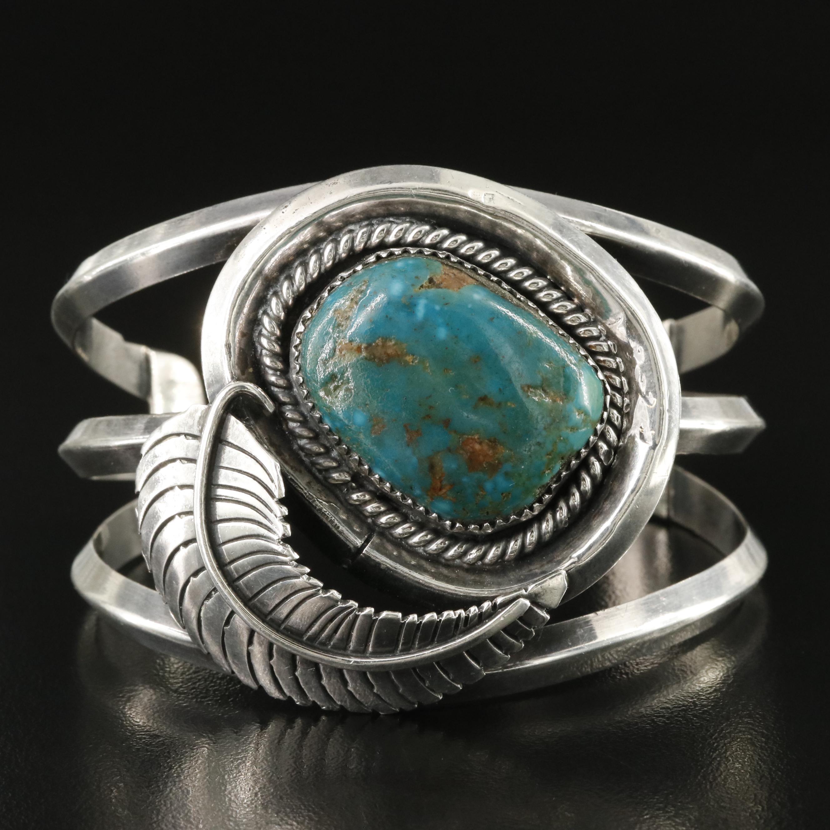 Southwestern Signed Sterling Turquoise Feather Cuff