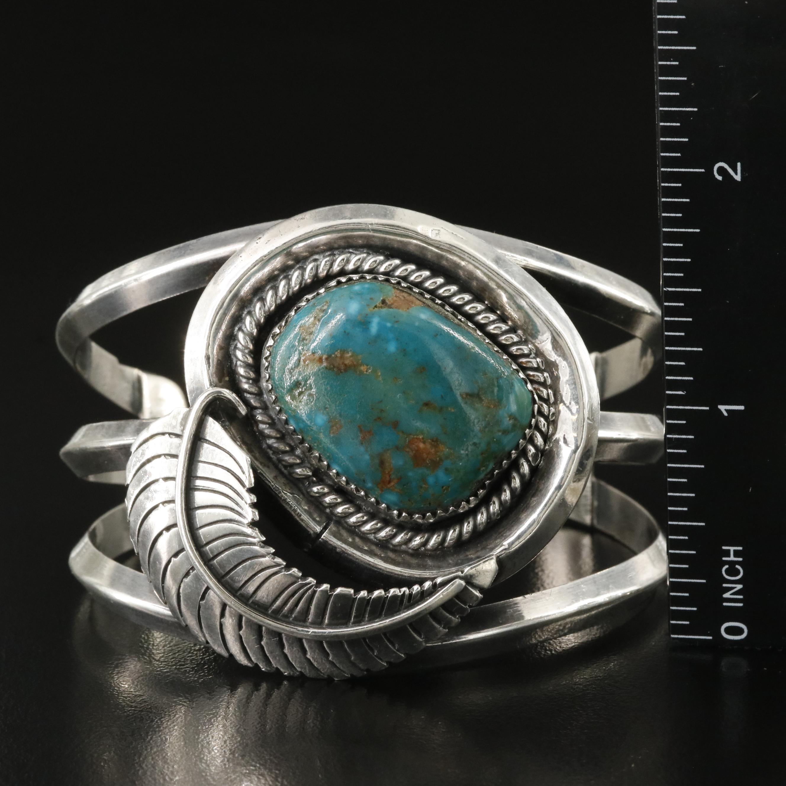 Southwestern Signed Sterling Turquoise Feather Cuff