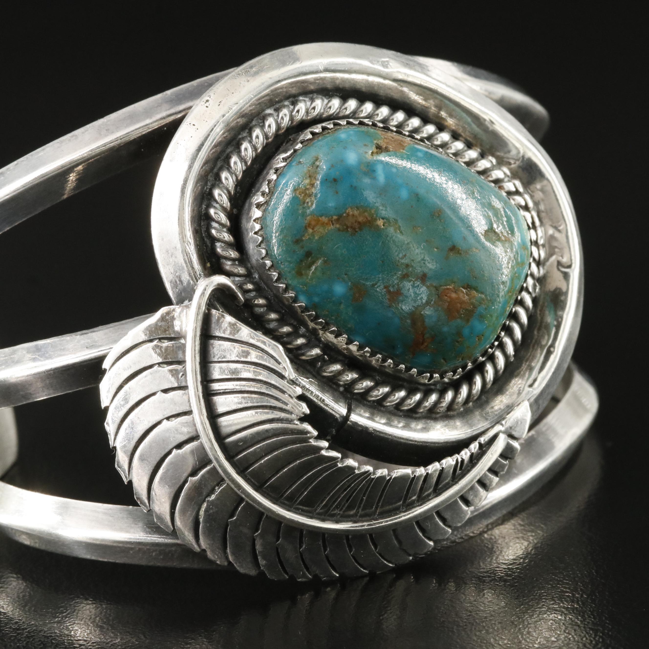 Southwestern Signed Sterling Turquoise Feather Cuff