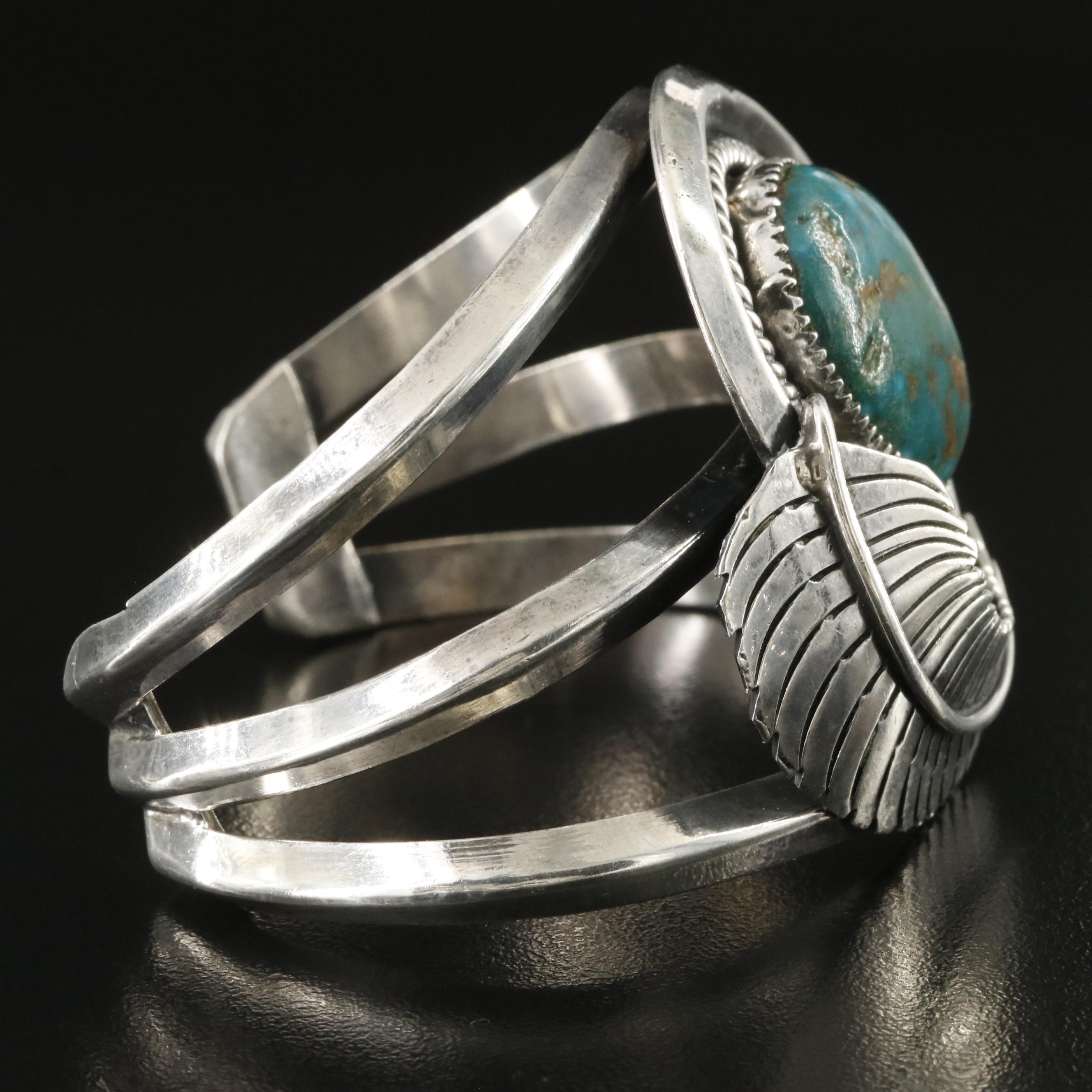 Southwestern Signed Sterling Turquoise Feather Cuff