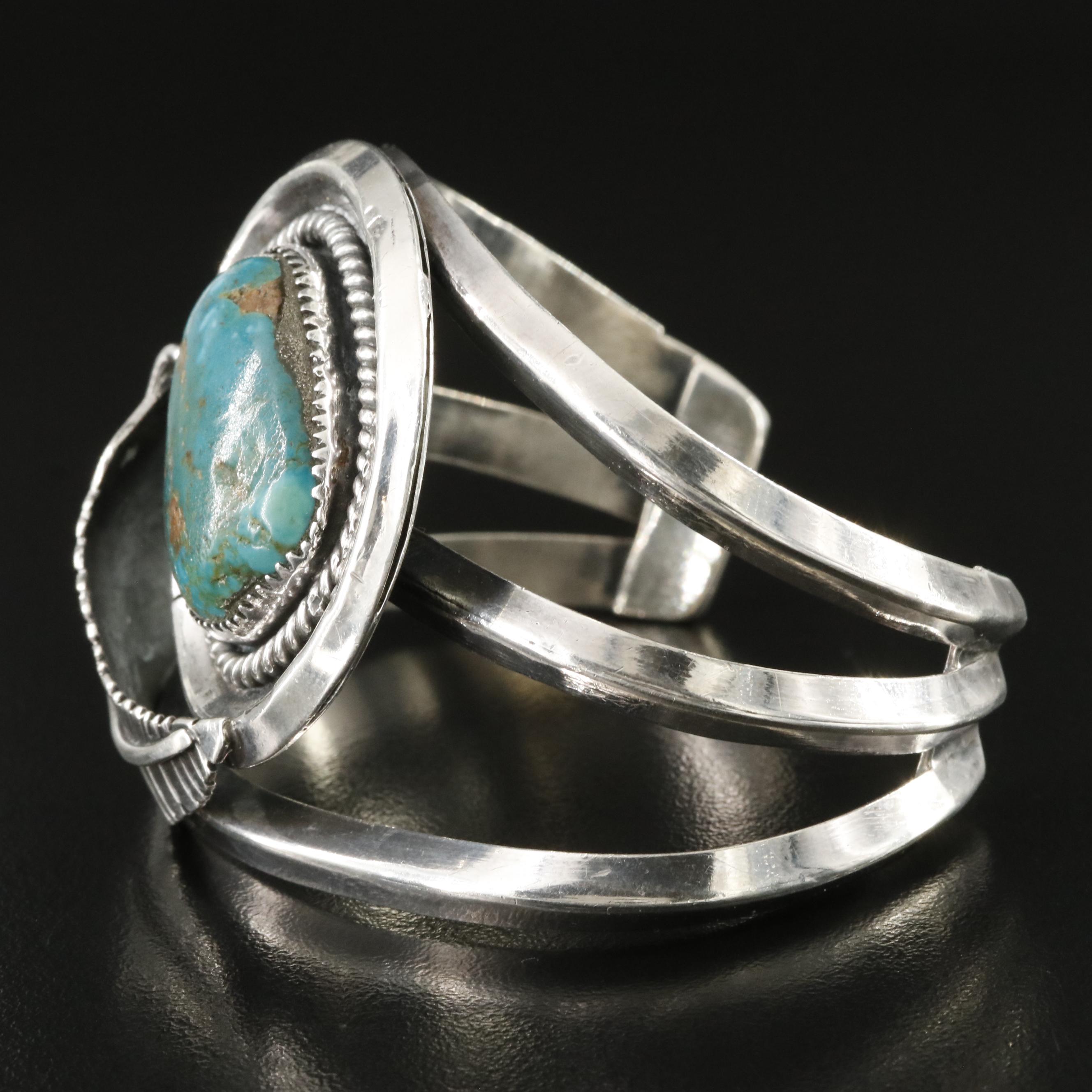 Southwestern Signed Sterling Turquoise Feather Cuff