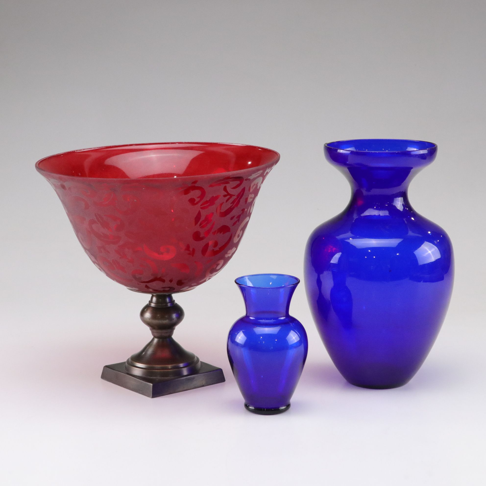 Frosted Flash Glass Bowl & Navy Blue Vases