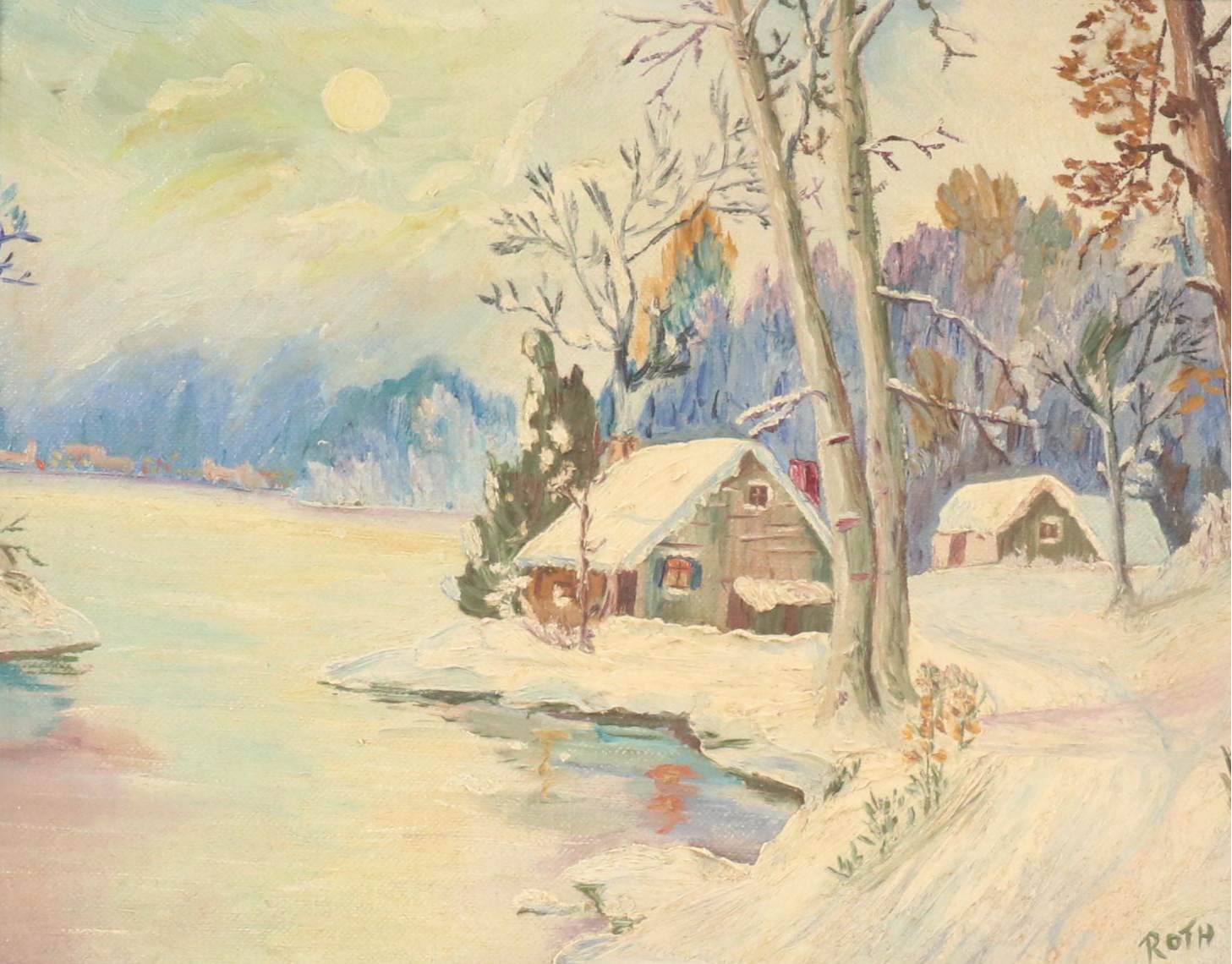 Nocturne Snowy Landscape With Cottages Oil Painting, Circa 1940