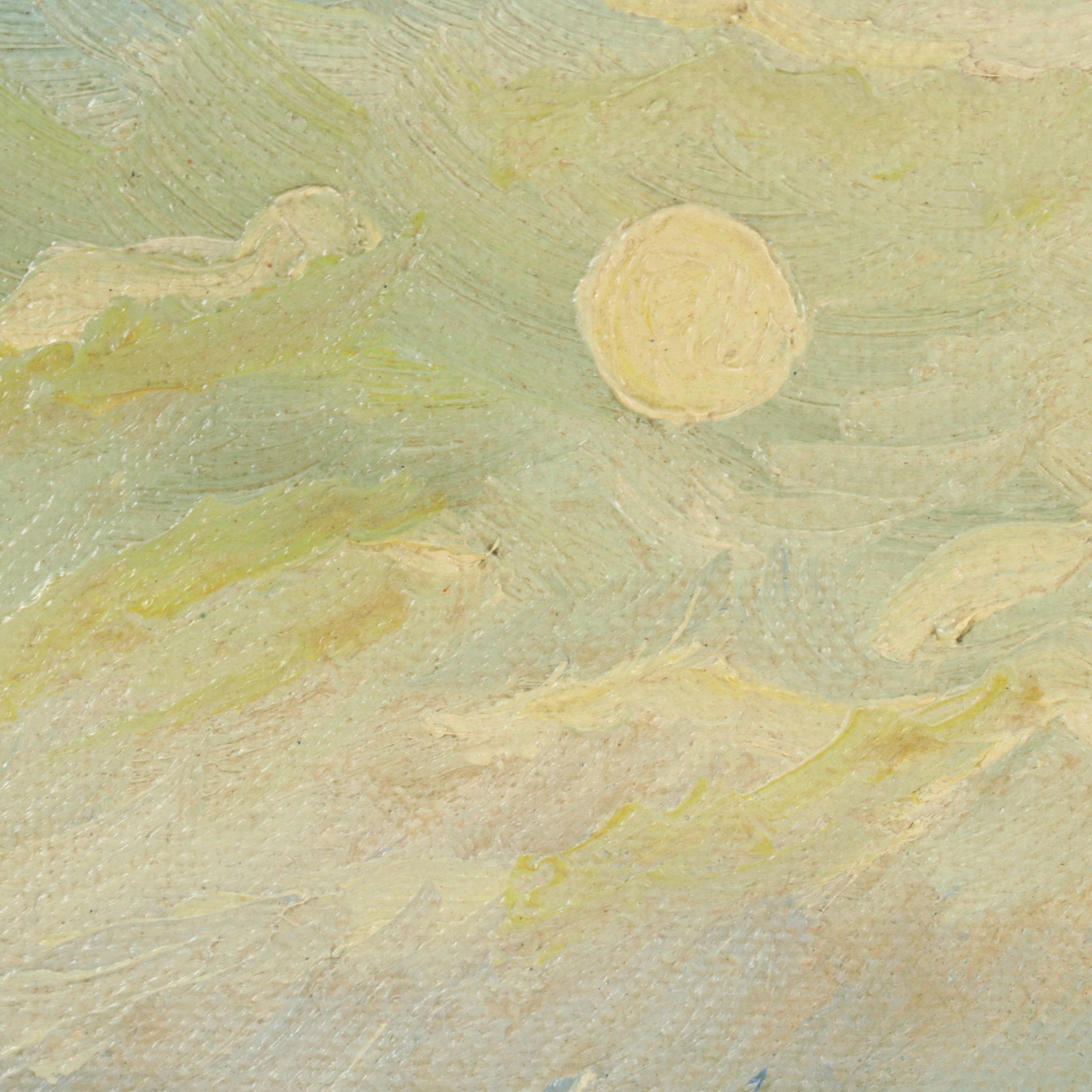 Nocturne Snowy Landscape With Cottages Oil Painting, Circa 1940