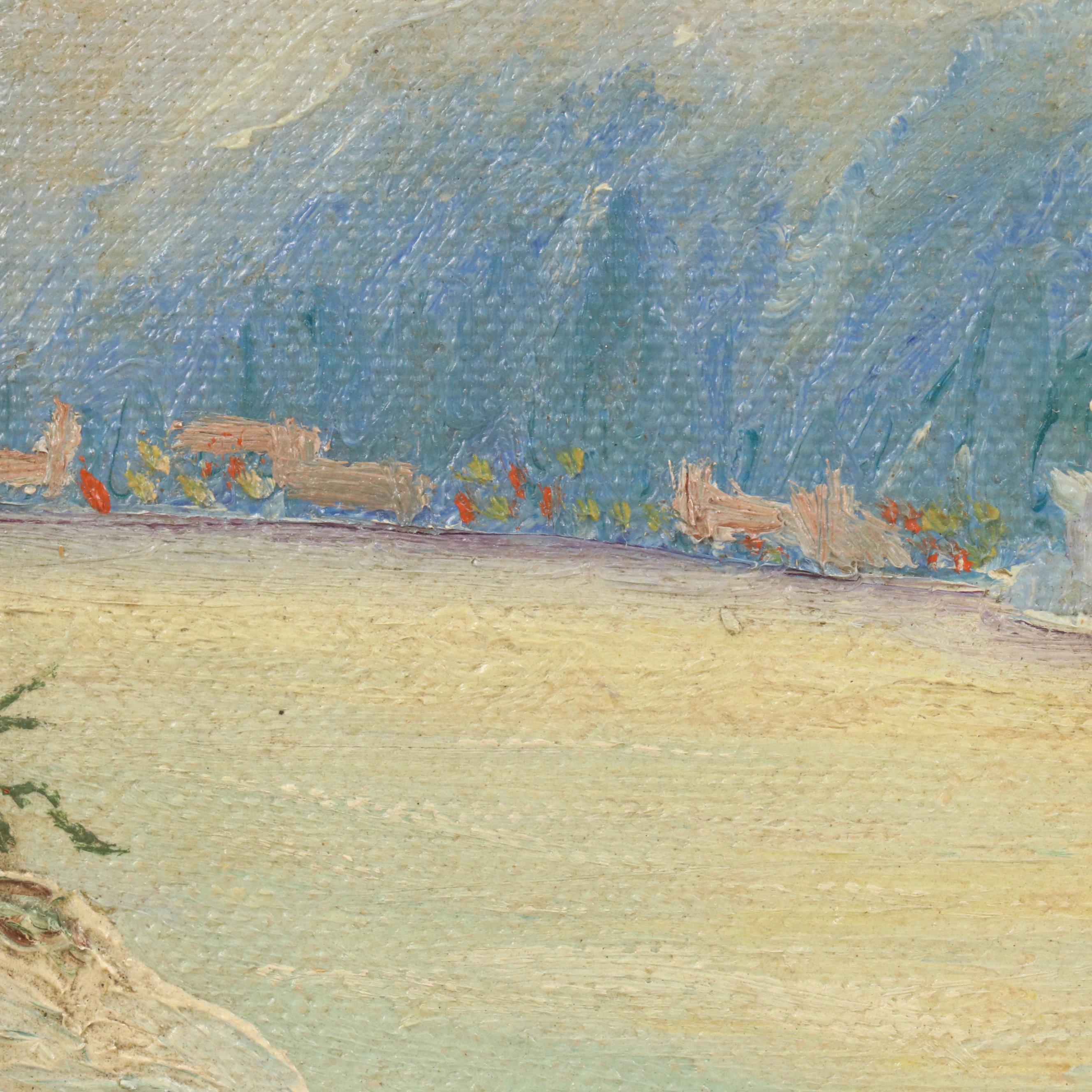 Nocturne Snowy Landscape With Cottages Oil Painting, Circa 1940