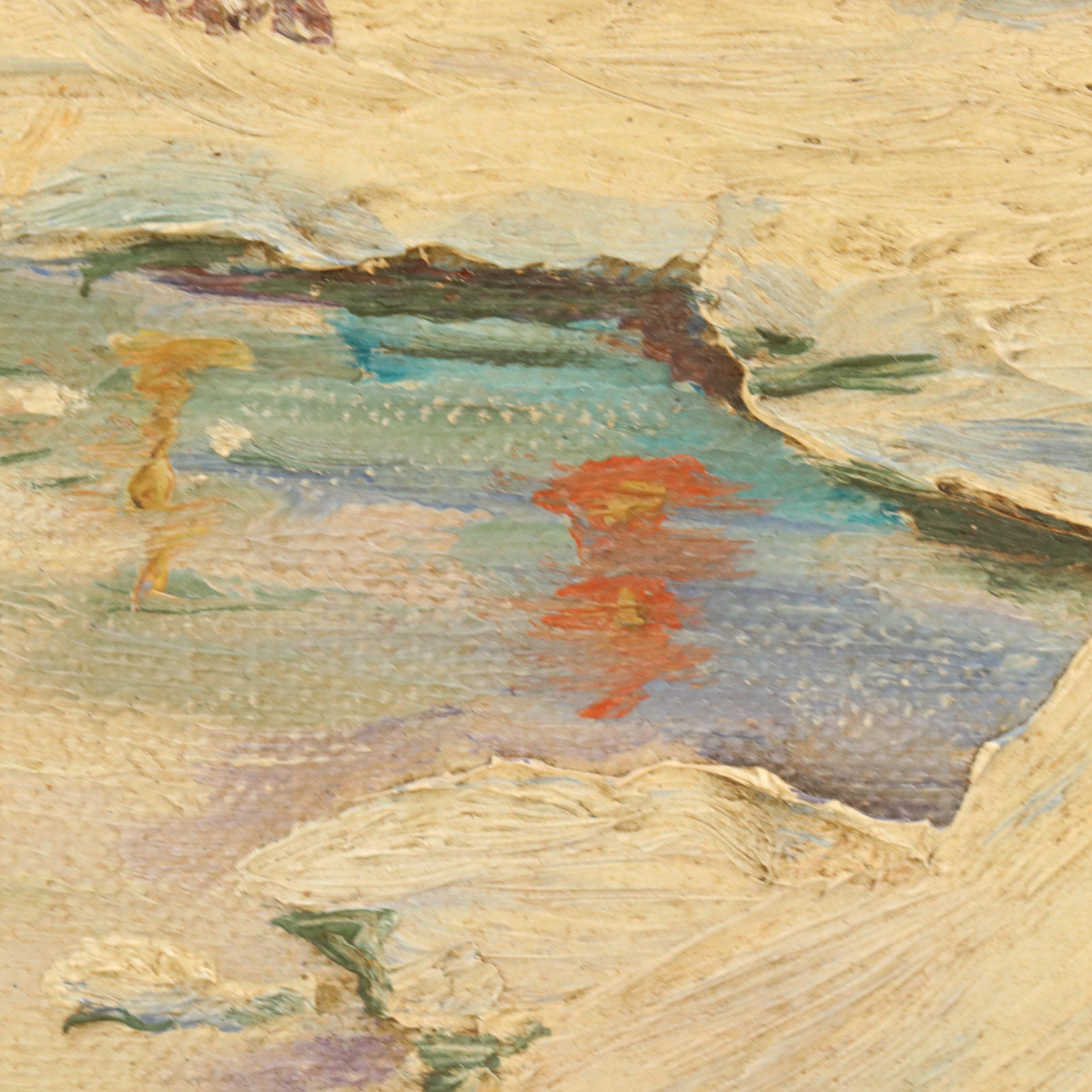 Nocturne Snowy Landscape With Cottages Oil Painting, Circa 1940