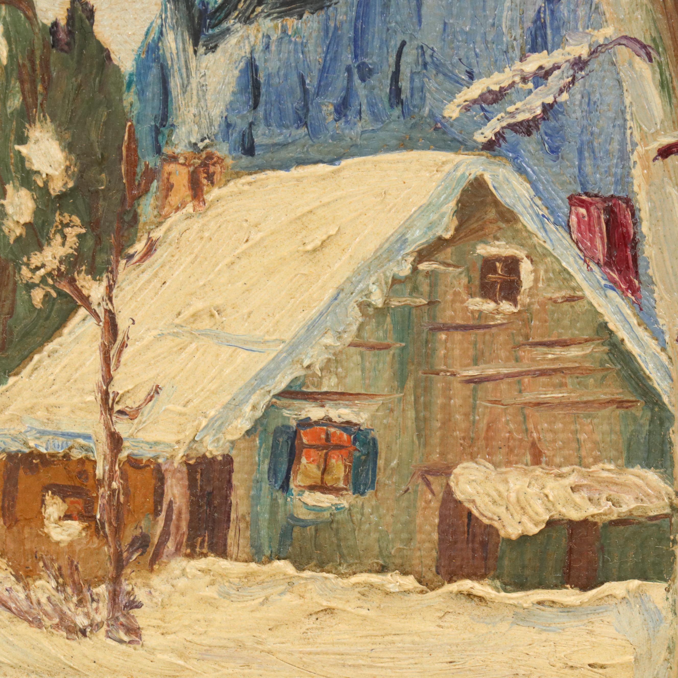 Nocturne Snowy Landscape With Cottages Oil Painting, Circa 1940