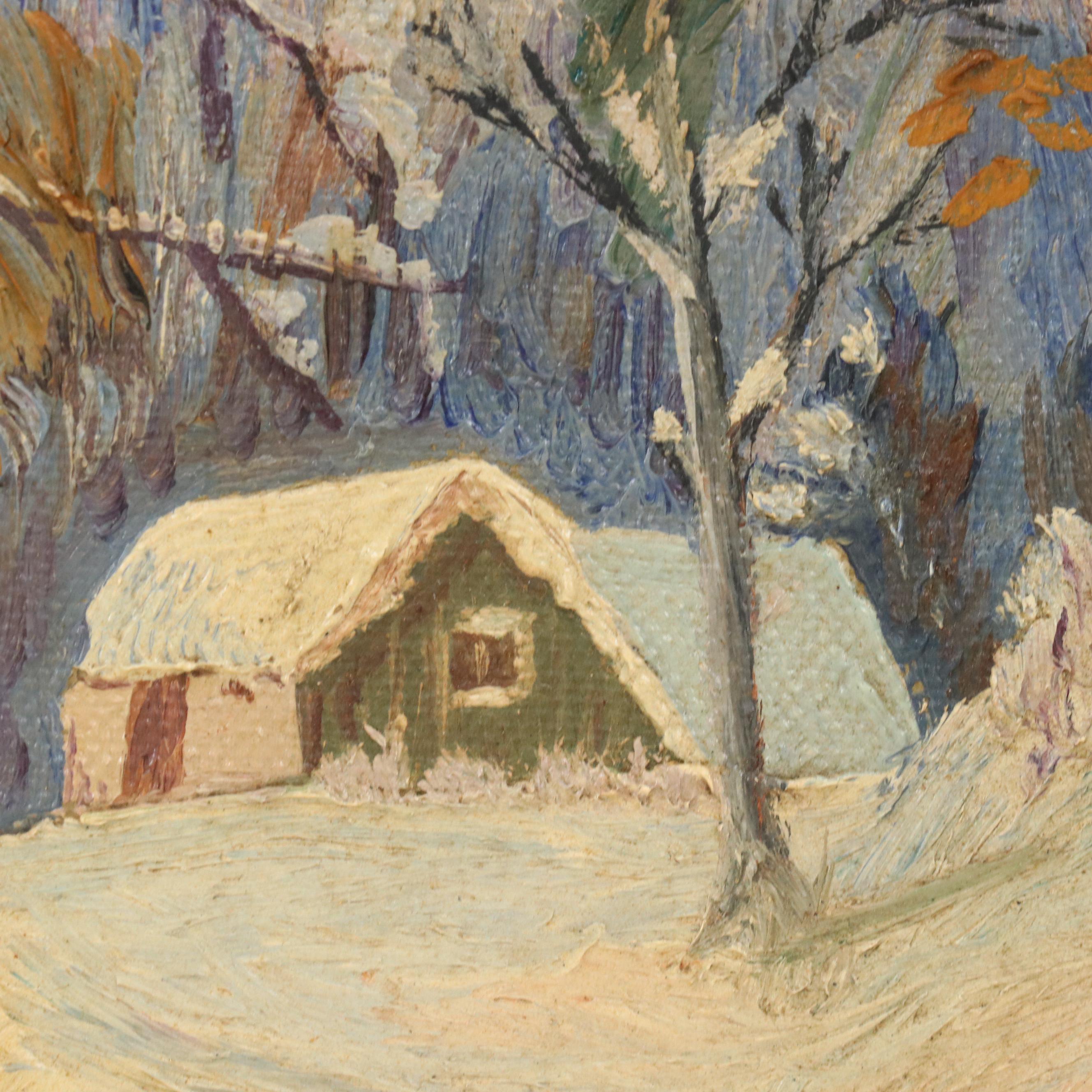 Nocturne Snowy Landscape With Cottages Oil Painting, Circa 1940