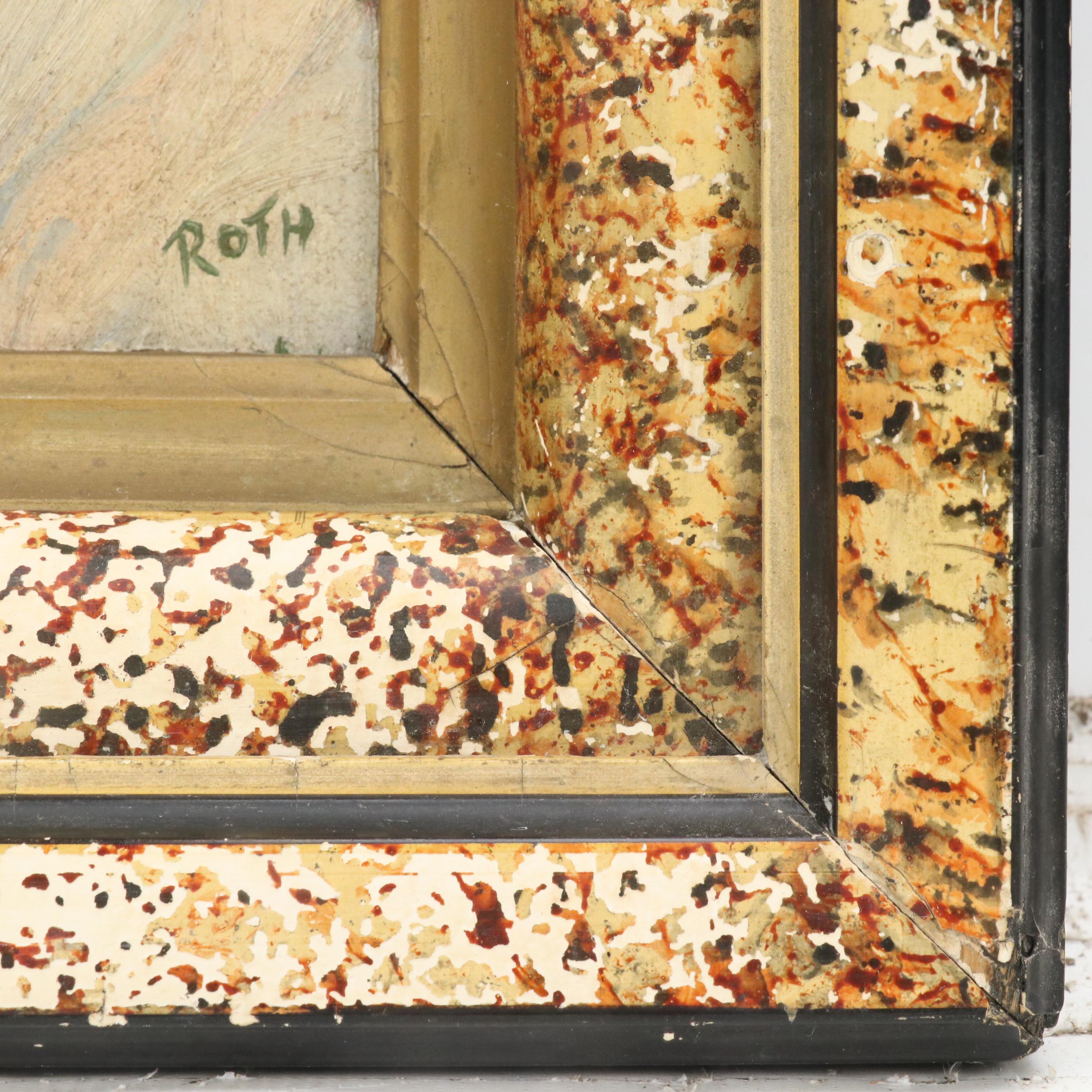 Nocturne Snowy Landscape With Cottages Oil Painting, Circa 1940