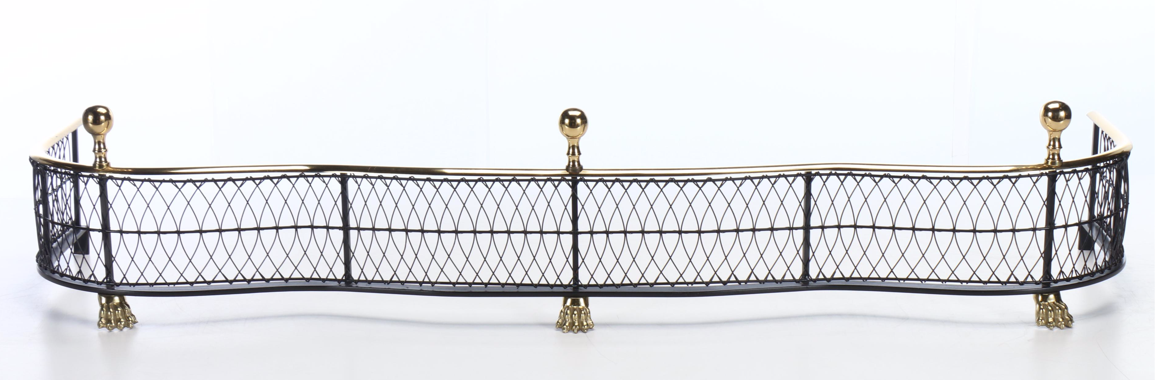 Federal Style Brass Cannonball Fireplace Fender, Andirons, and Tool Set