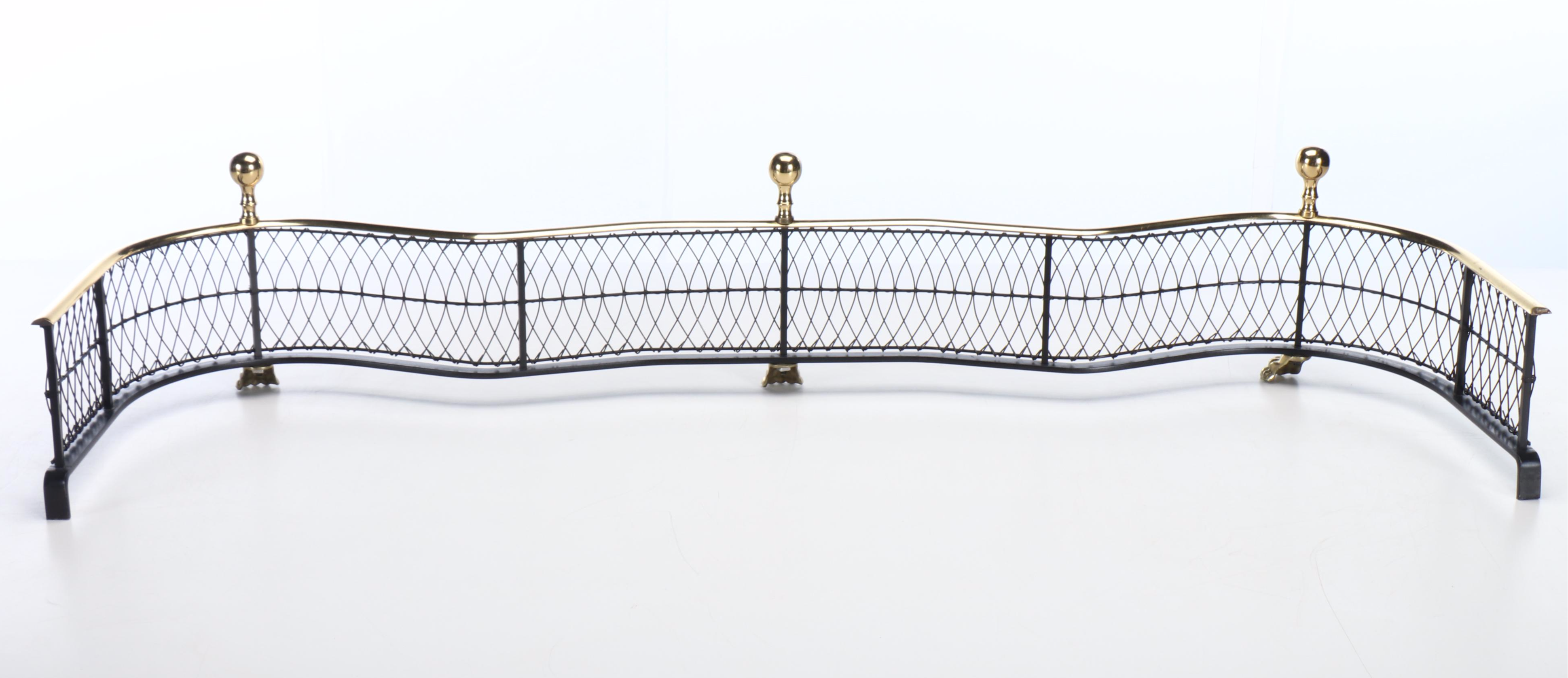 Federal Style Brass Cannonball Fireplace Fender, Andirons, and Tool Set