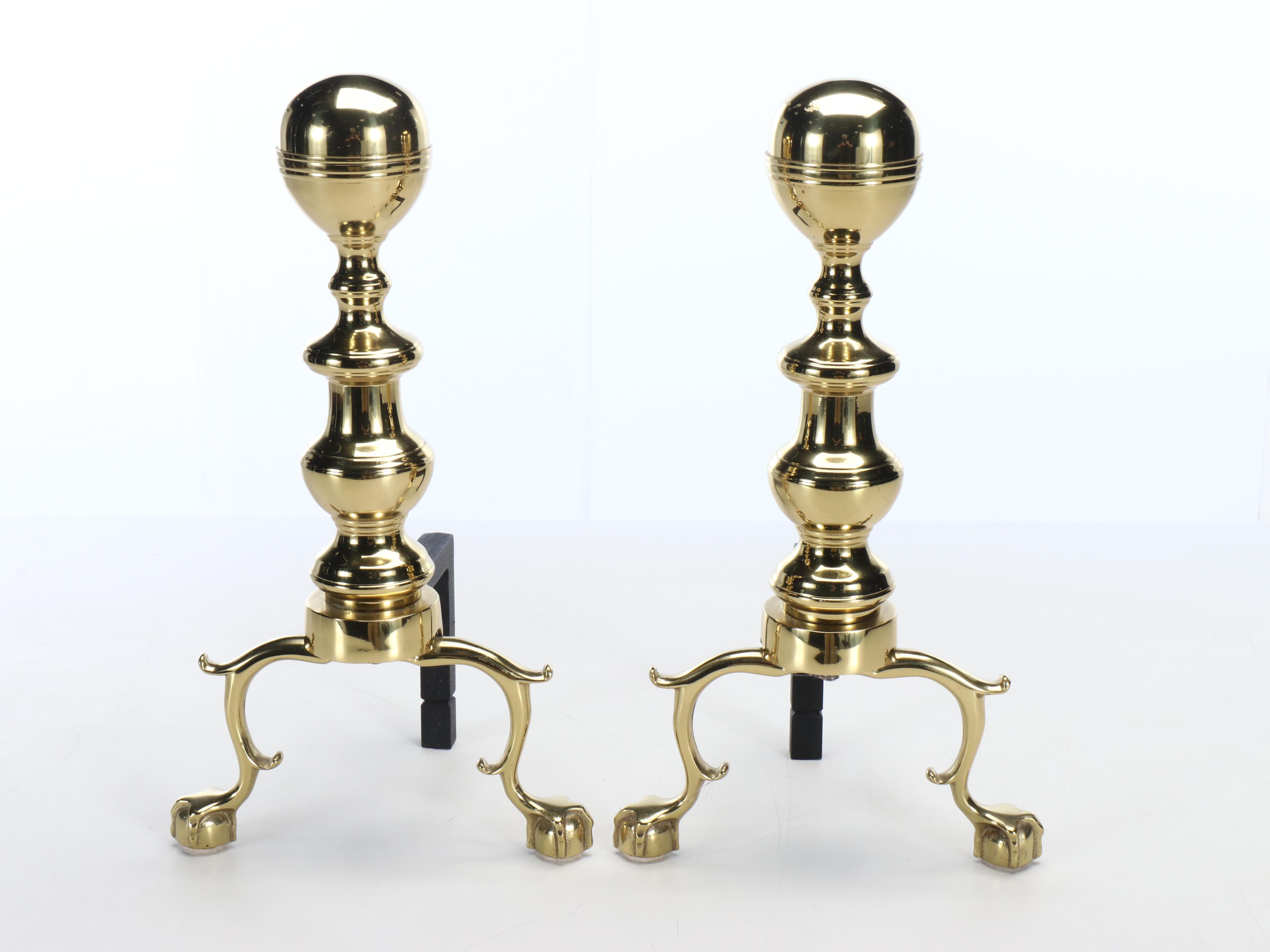 Federal Style Brass Cannonball Fireplace Fender, Andirons, and Tool Set