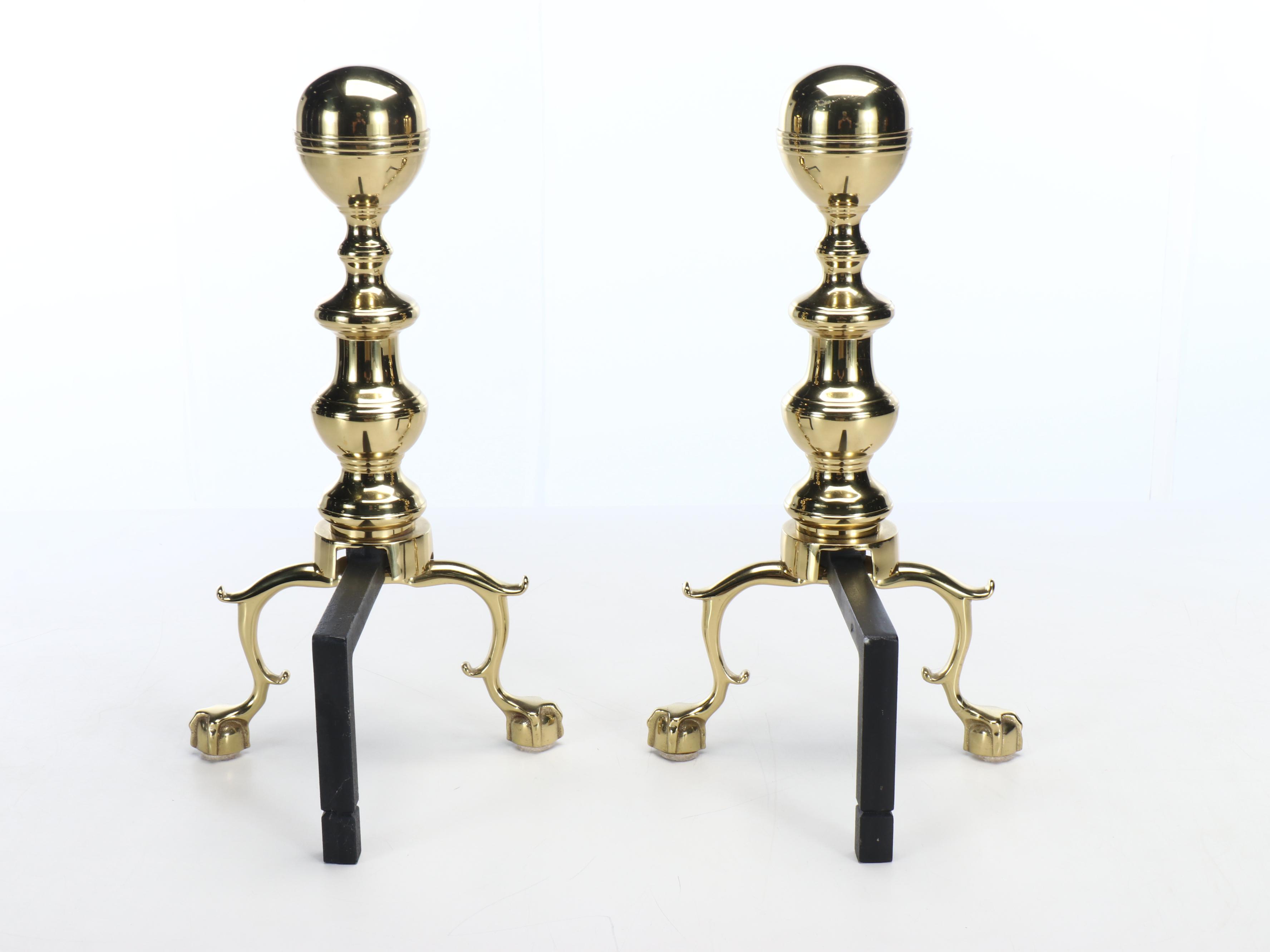 Federal Style Brass Cannonball Fireplace Fender, Andirons, and Tool Set