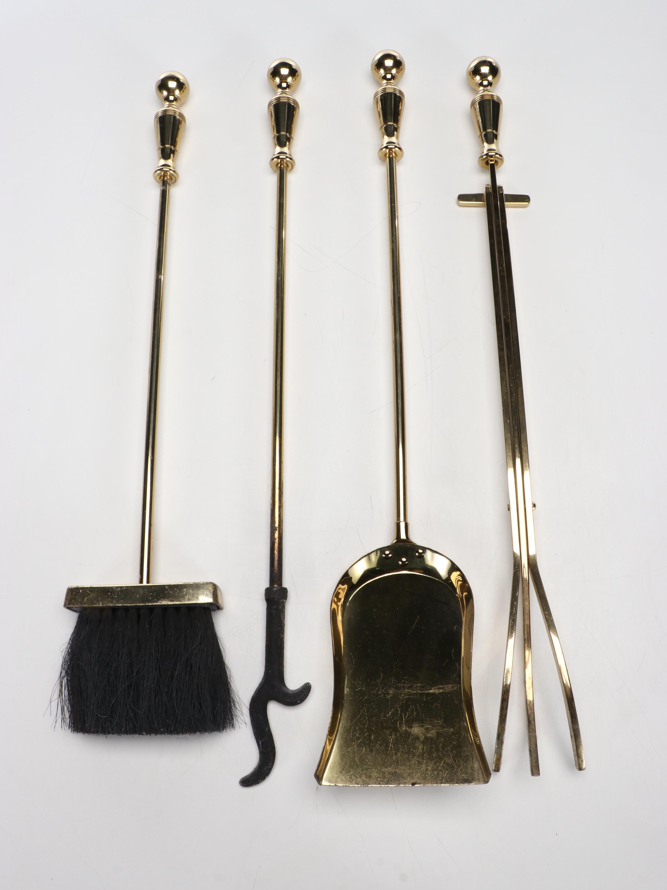 Federal Style Brass Cannonball Fireplace Fender, Andirons, and Tool Set