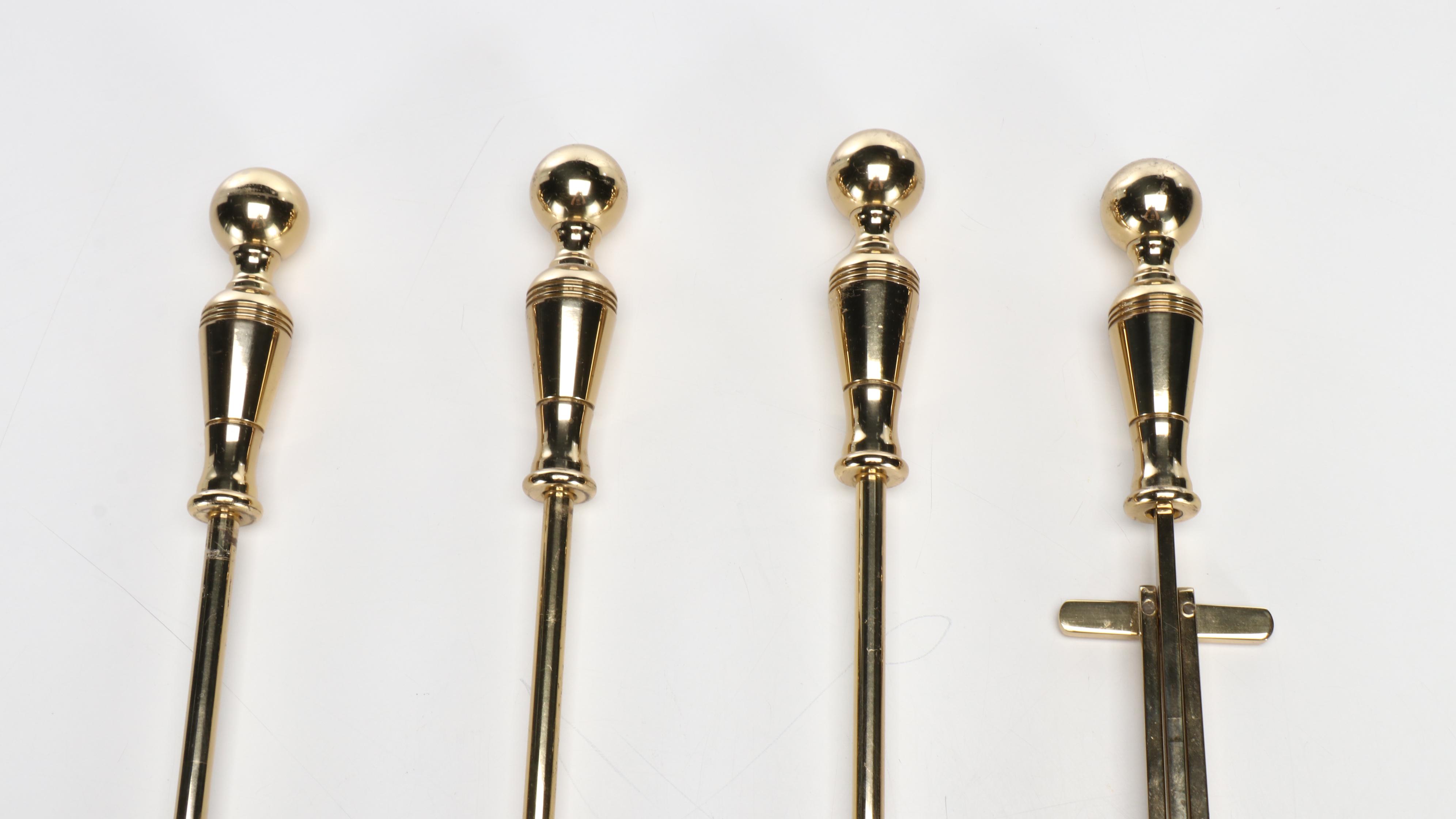 Federal Style Brass Cannonball Fireplace Fender, Andirons, and Tool Set