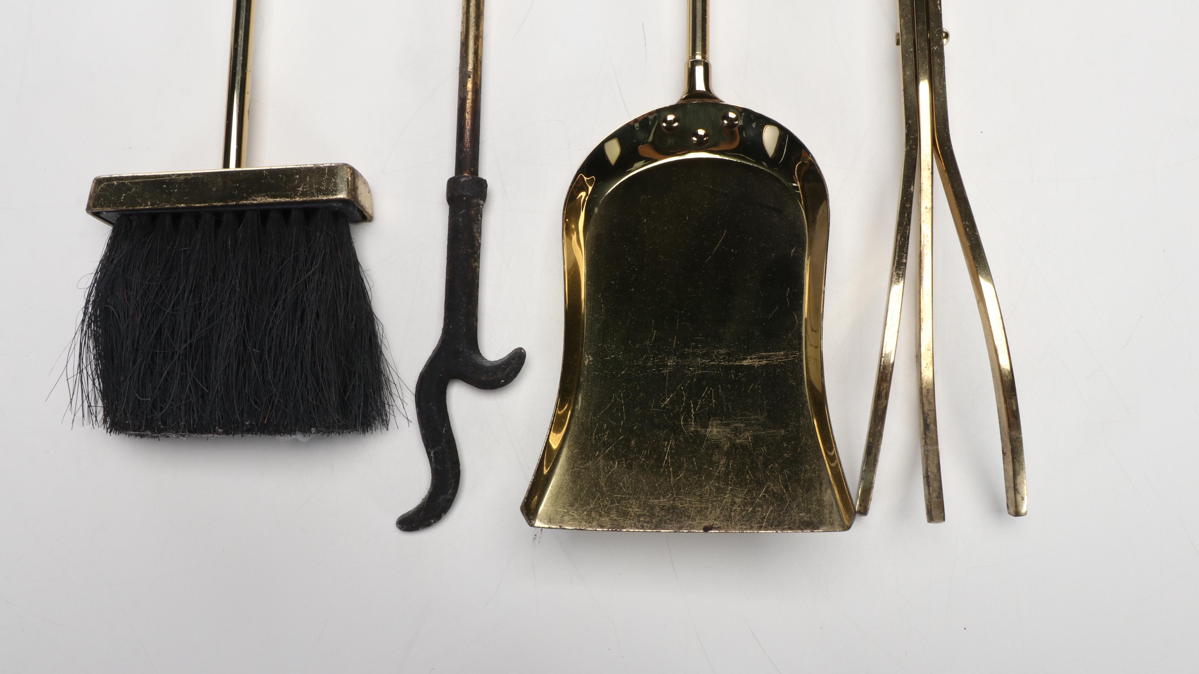 Federal Style Brass Cannonball Fireplace Fender, Andirons, and Tool Set