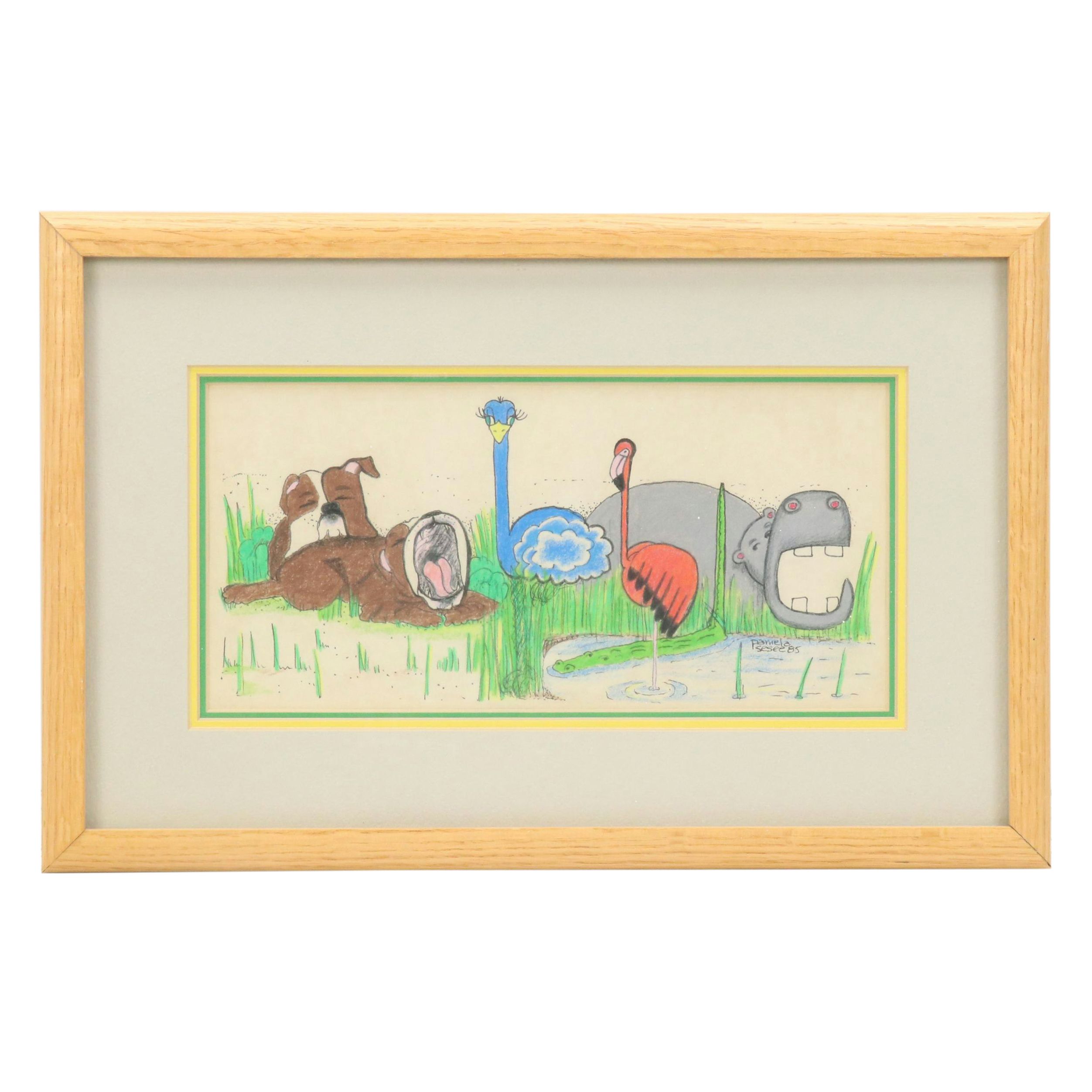 Pamela Sesee Colored Pencil and Ink Drawing of Sleepy Animals, 1985