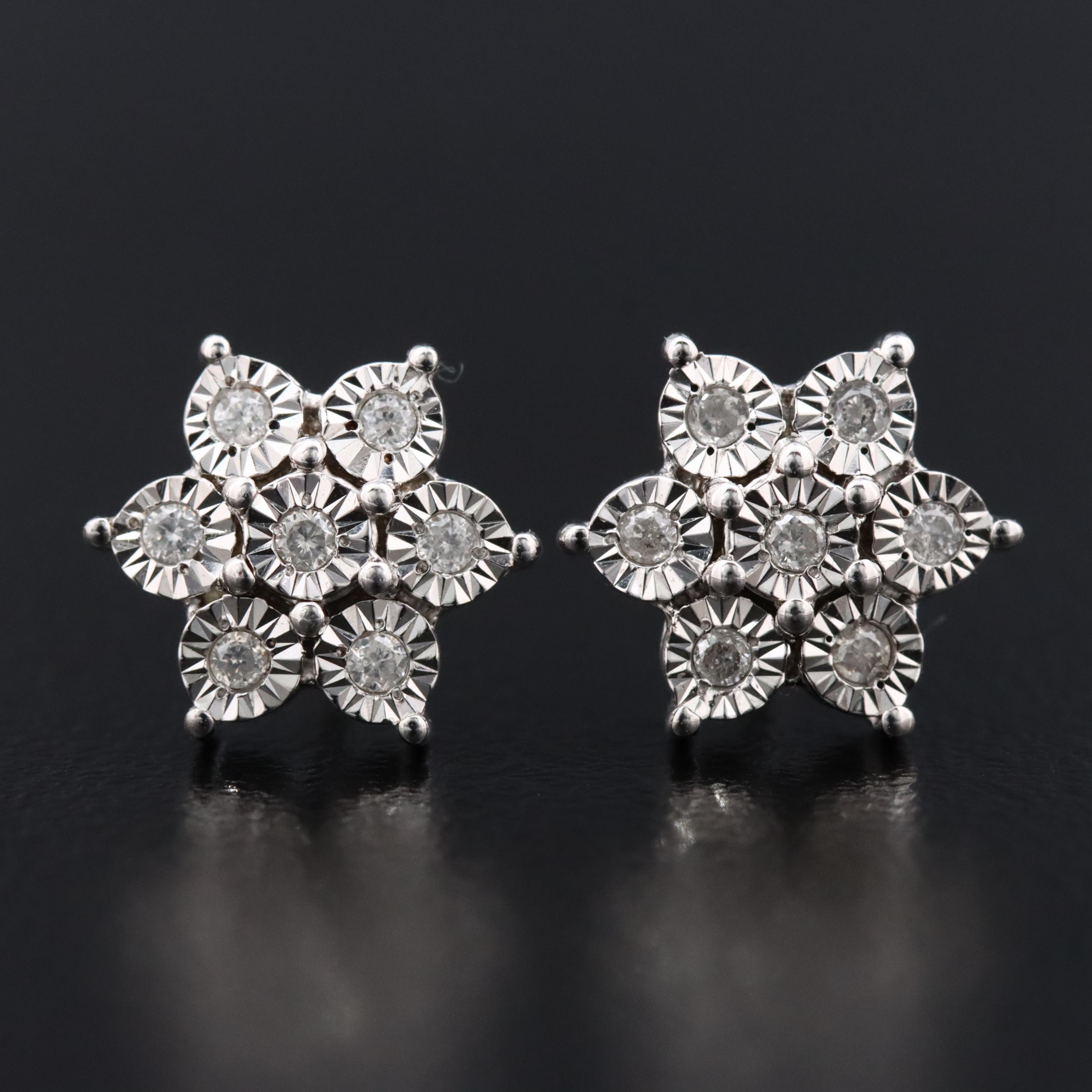 Sterling Diamond Flower Stud Earrings