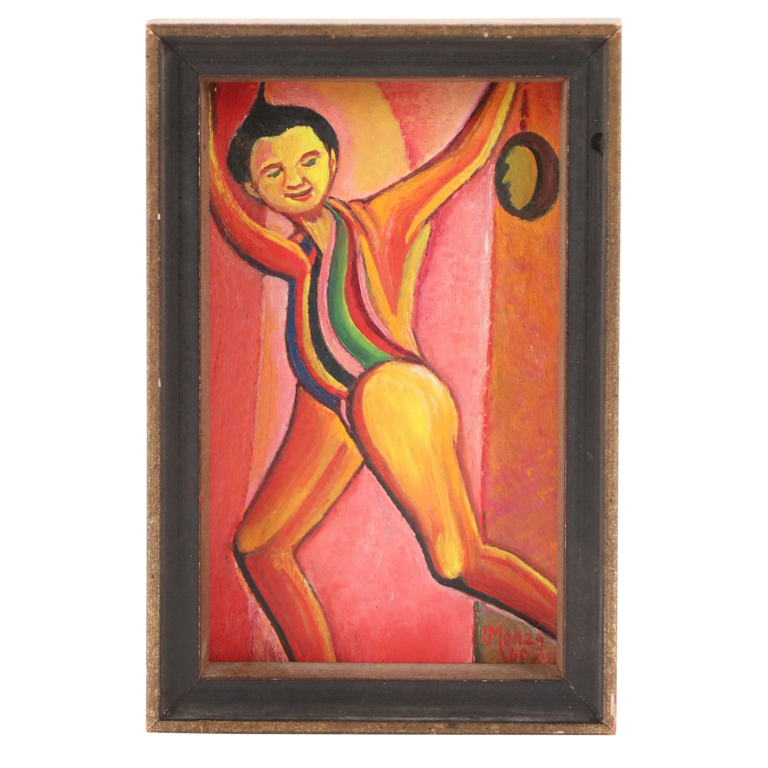 Louis Monza Miniature Expressionist Oil Painting "The Jester," 1960