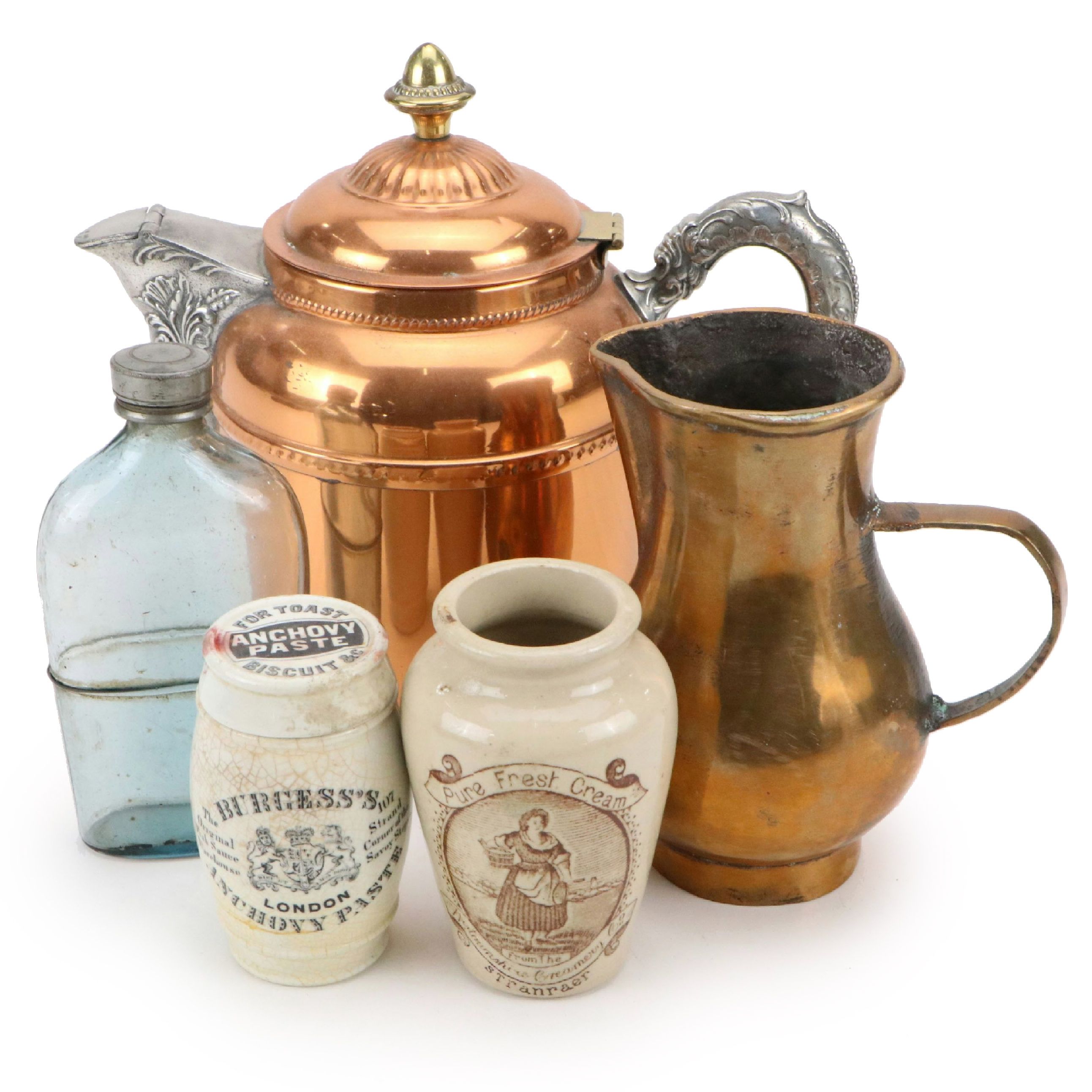 Copper Lined Pitcher and Kettle with Commercial Ceramic Jars and Bottle