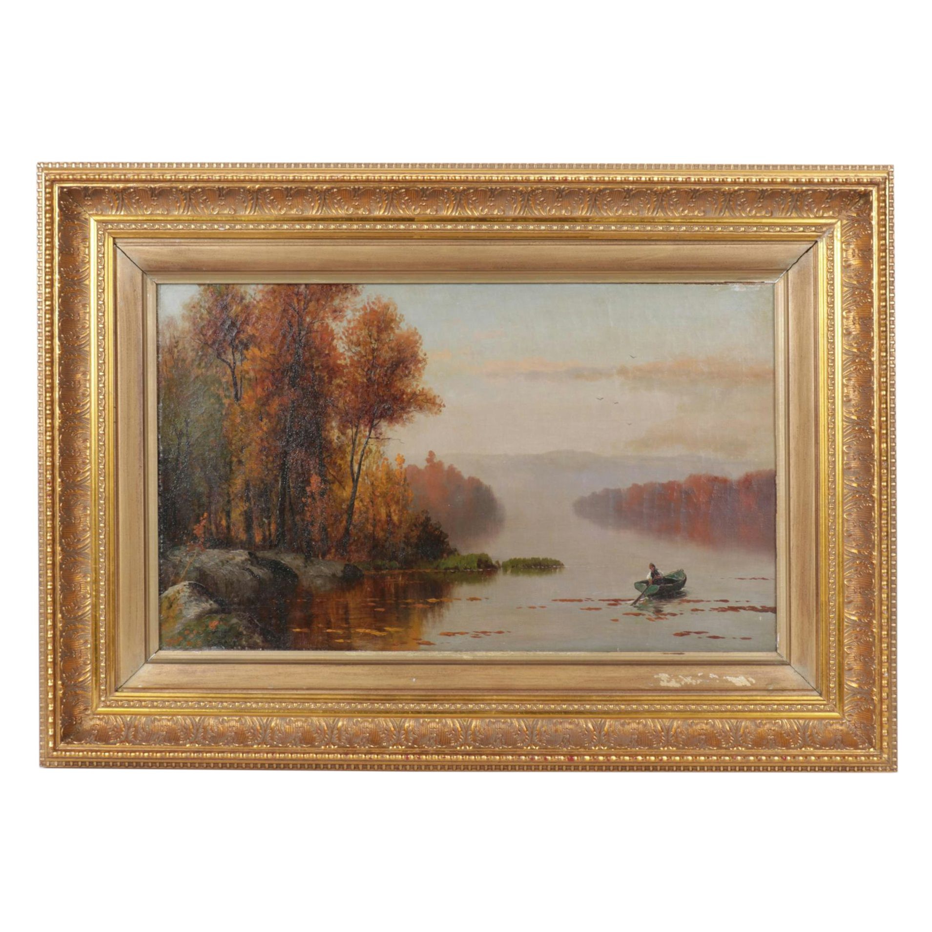 Barbizon-Style Riverside Landscape Oil Painting, Mid to Late 19th Century